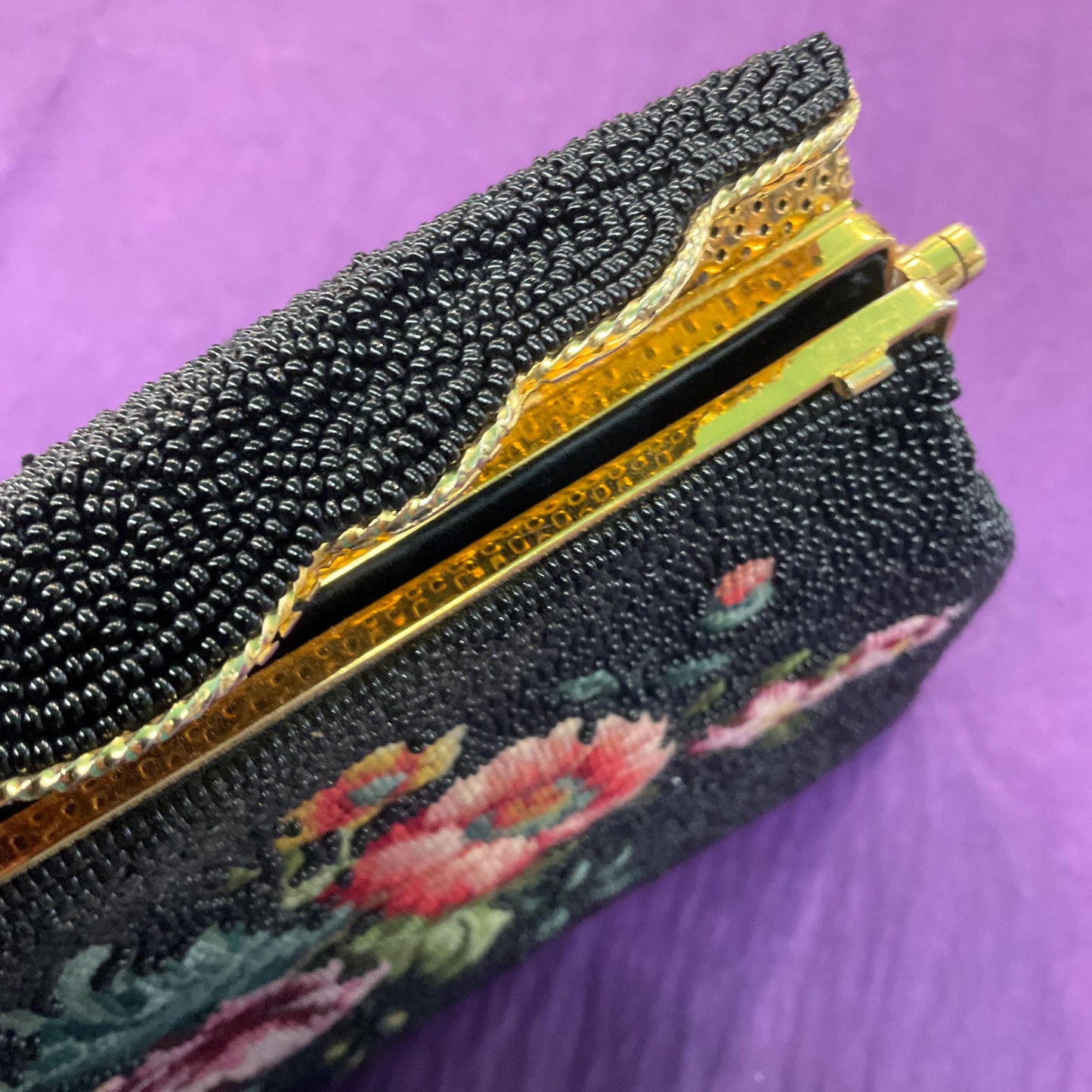 Vintage 1950s Hand Beaded Floral Petite Pointe Embroidered Eveing Bag, Lucky Sixpence 1955 inside, Formal Event