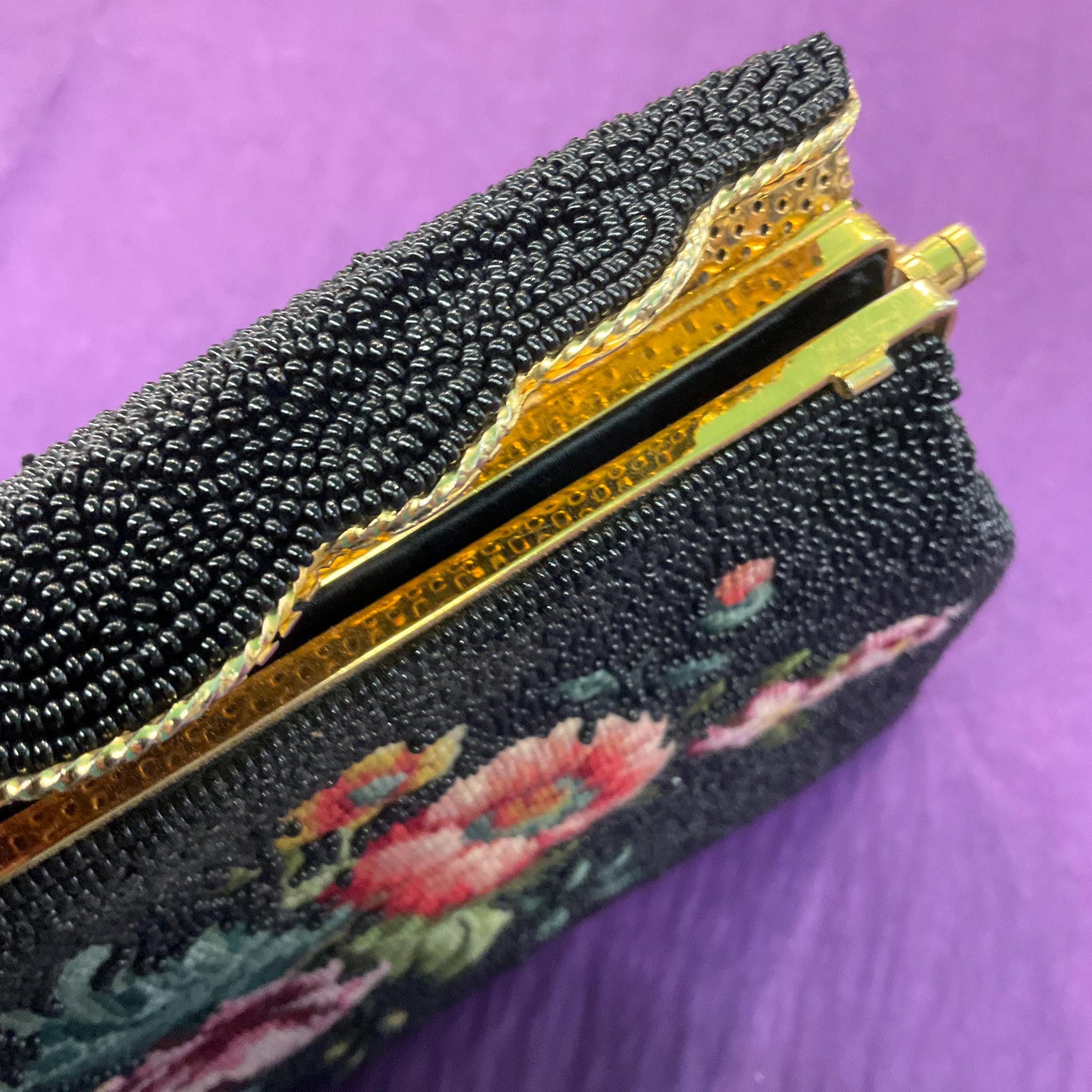 Vintage 1950s Hand Beaded Floral Petite Pointe Embroidered Eveing Bag, Lucky Sixpence 1955 inside, Formal Event