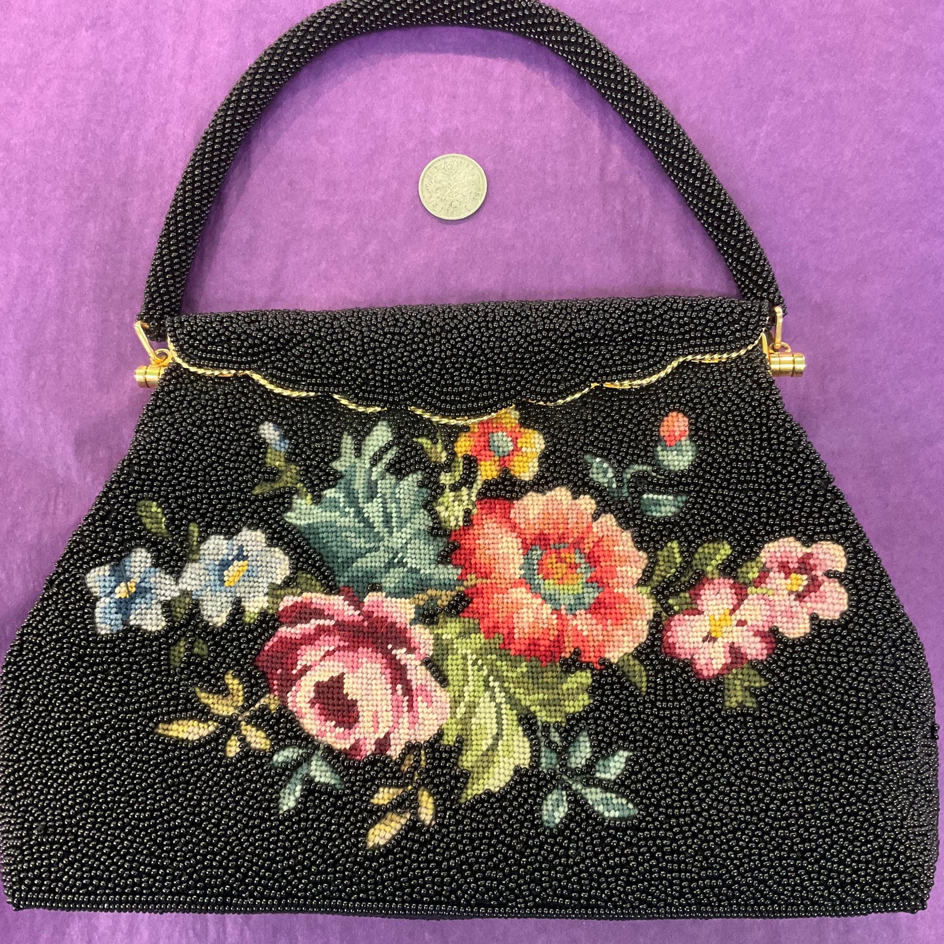 Vintage 1950s Hand Beaded Floral Petite Pointe Embroidered Eveing Bag, Lucky Sixpence 1955 inside, Formal Event