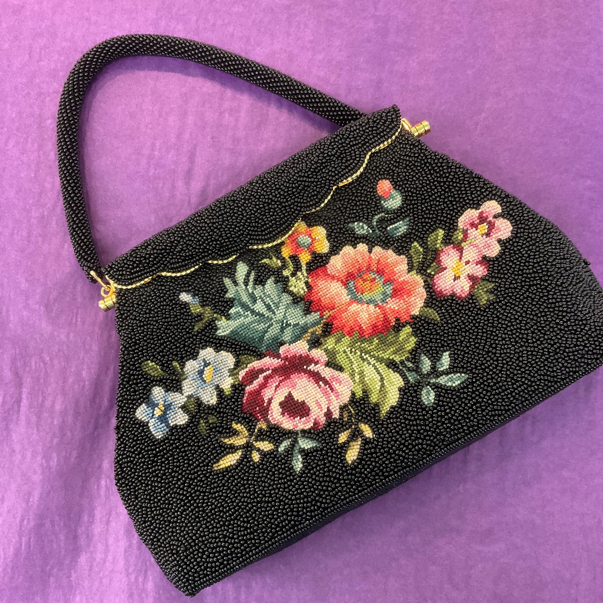 Vintage 1950s Hand Beaded Floral Petite Pointe Embroidered Eveing Bag, Lucky Sixpence 1955 inside, Formal Event