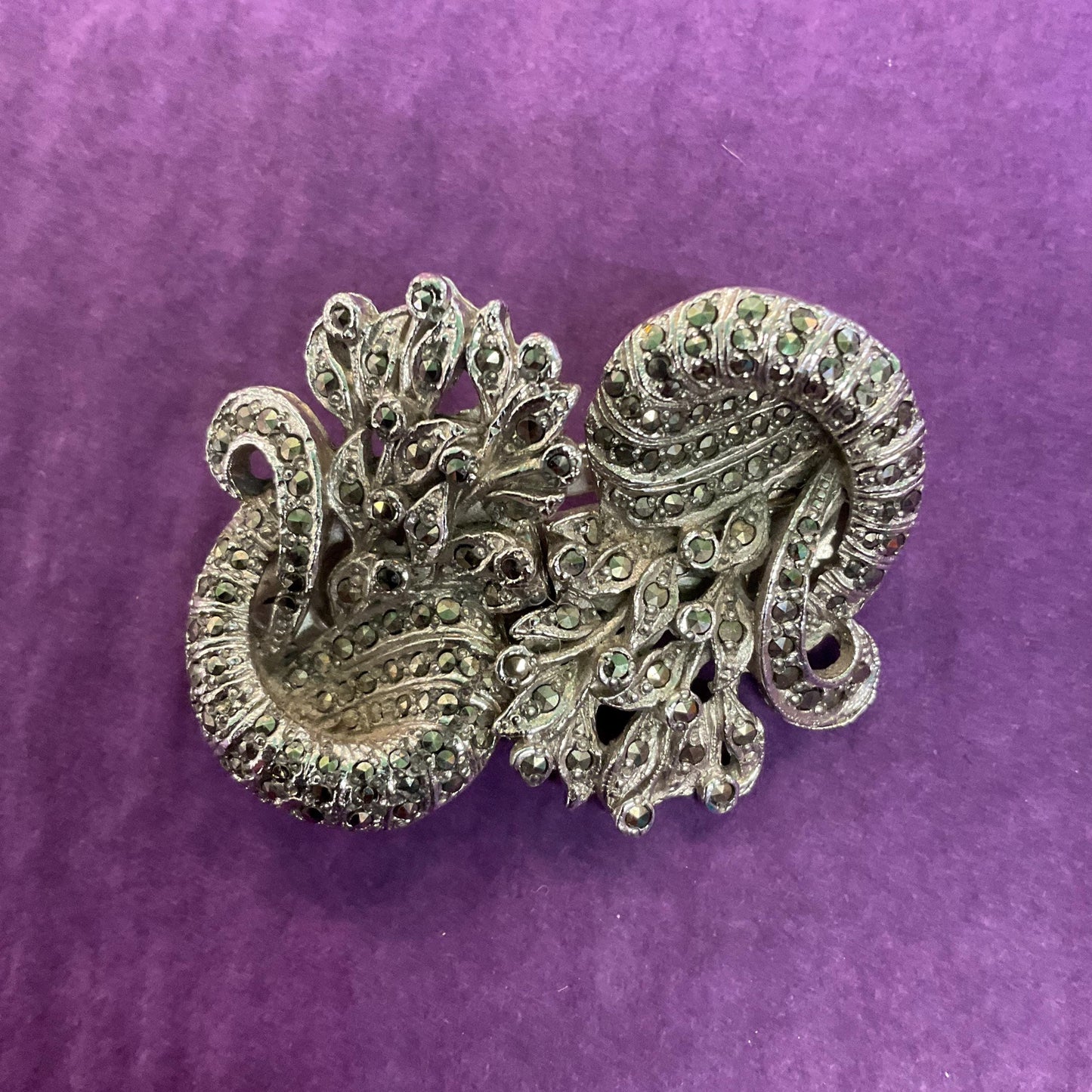 Antique Art Deco Silver Tone and Marcasite Brooch or Dress Clips, Flapper Girl, Great Gatsby