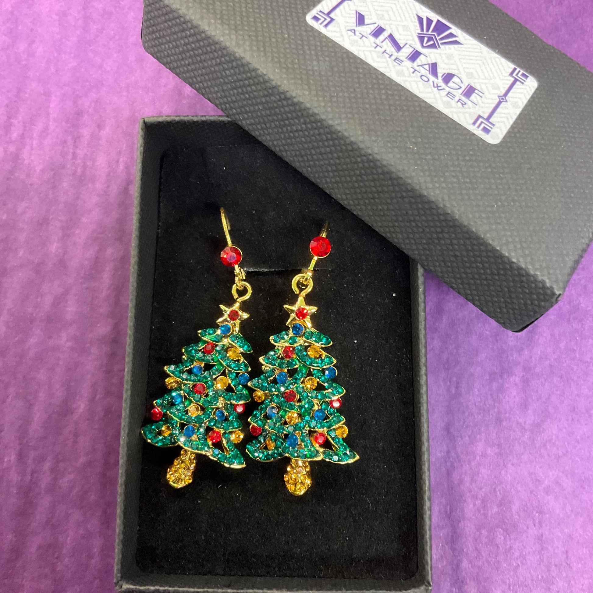 Vintage Butler and Wilson Crystal Christmas Tree Drop Earrings, Gold tone with multicoloured rhinestones