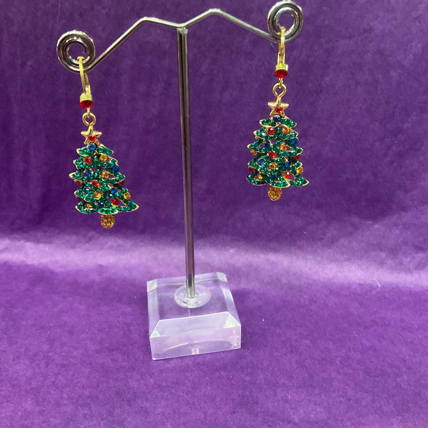 Vintage Butler and Wilson Crystal Christmas Tree Drop Earrings, Gold tone with multicoloured rhinestones