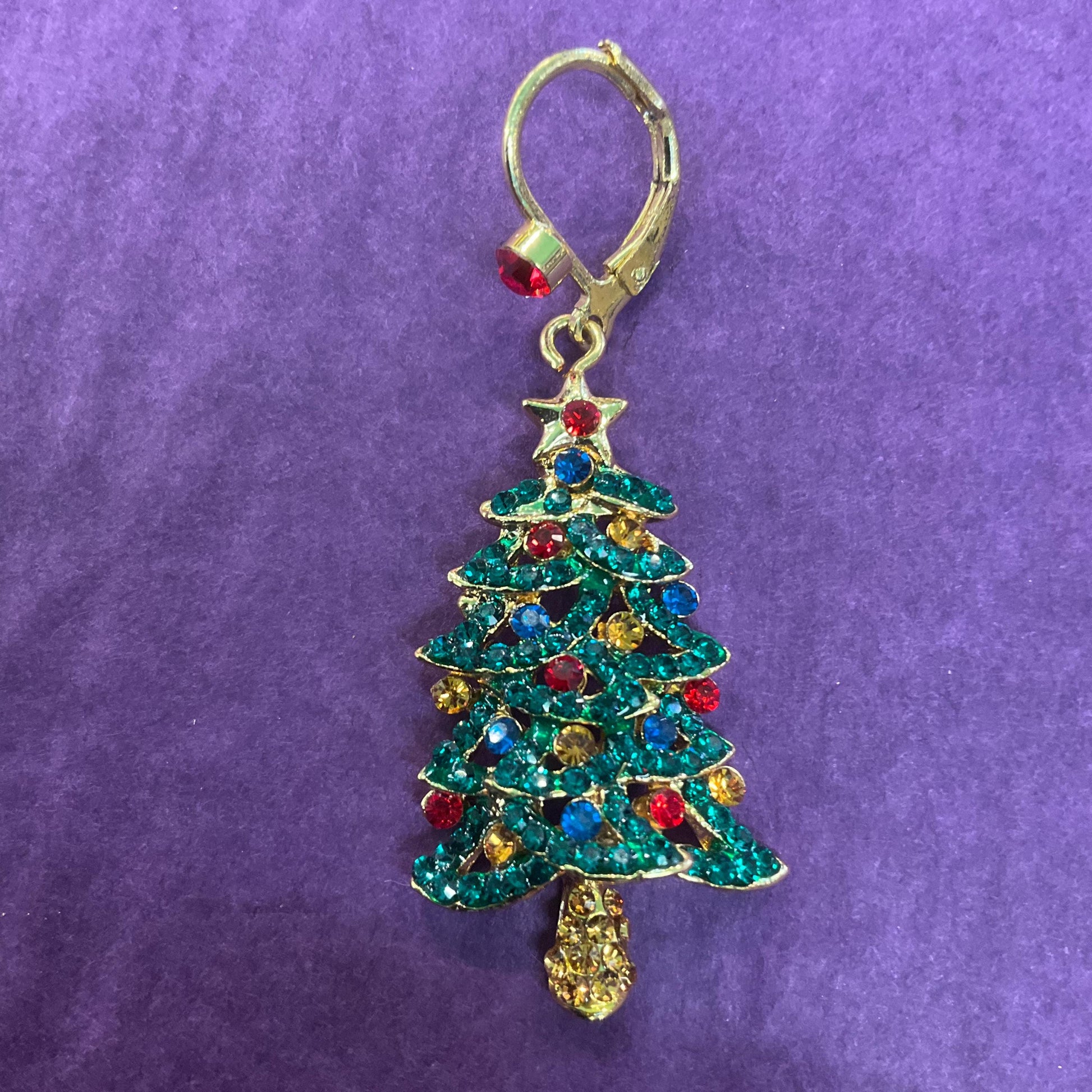 Vintage Butler and Wilson Crystal Christmas Tree Drop Earrings, Gold tone with multicoloured rhinestones