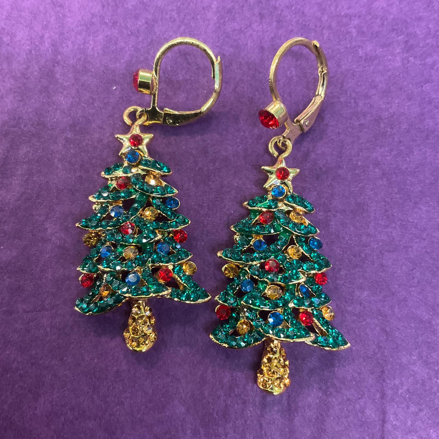 Vintage Butler and Wilson Crystal Christmas Tree Drop Earrings, Gold tone with multicoloured rhinestones