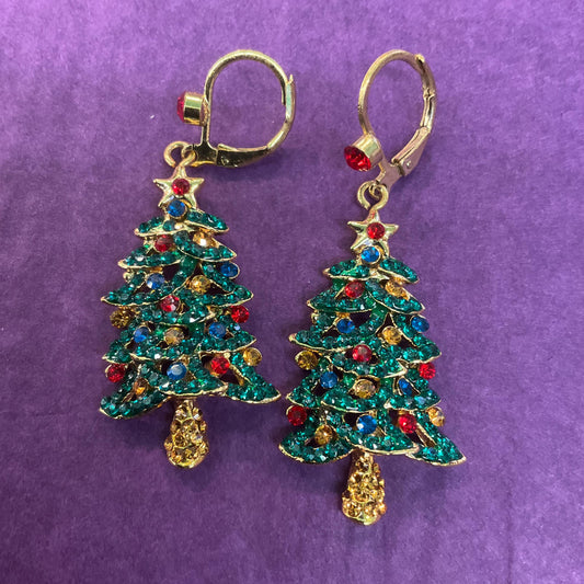 Vintage Butler and Wilson Crystal Christmas Tree Drop Earrings, Gold tone with multicoloured rhinestones