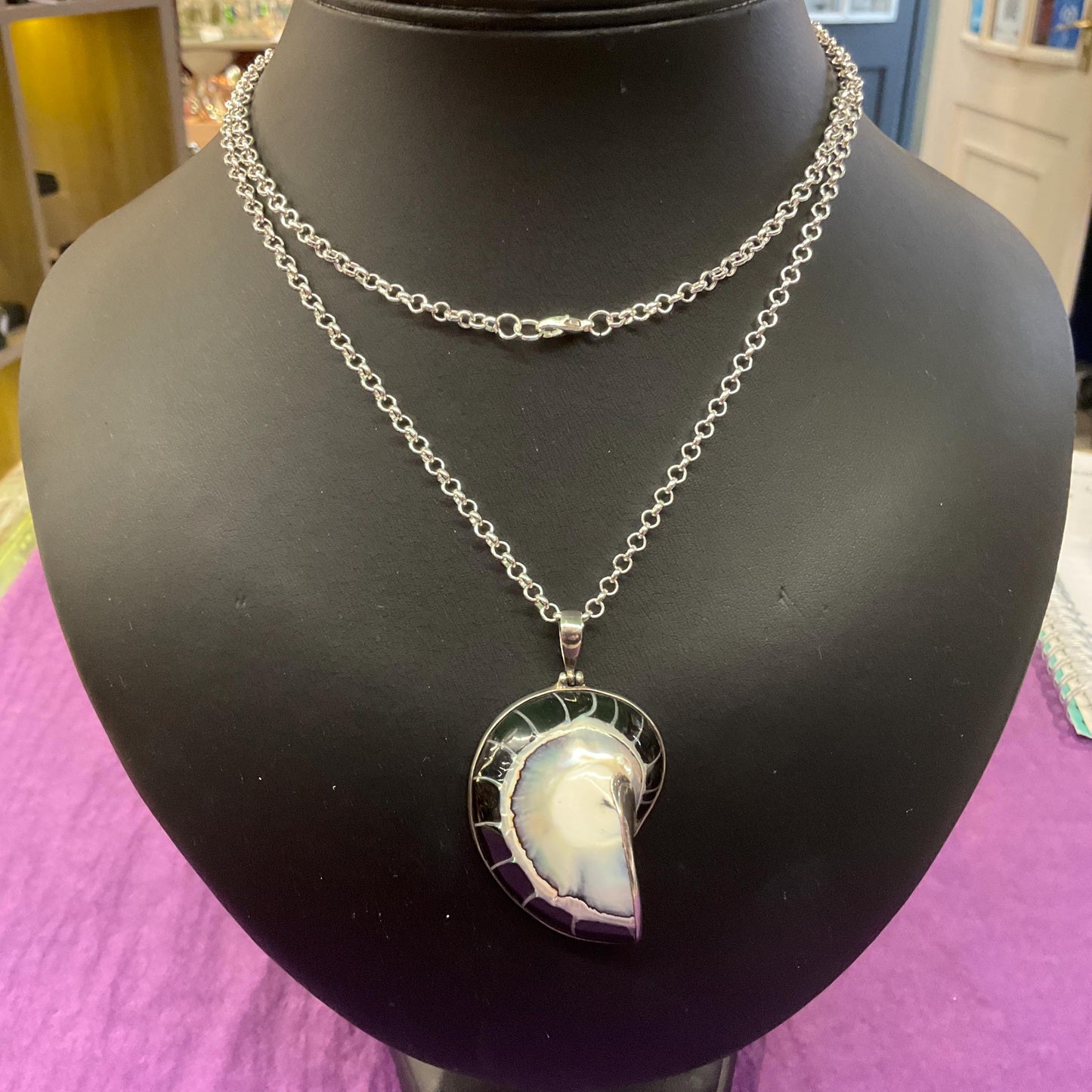 Vintage Large Silver and Shell Fossil Pendant, 925 silver with monochrome mother of pearl shell on a long silver plated chain