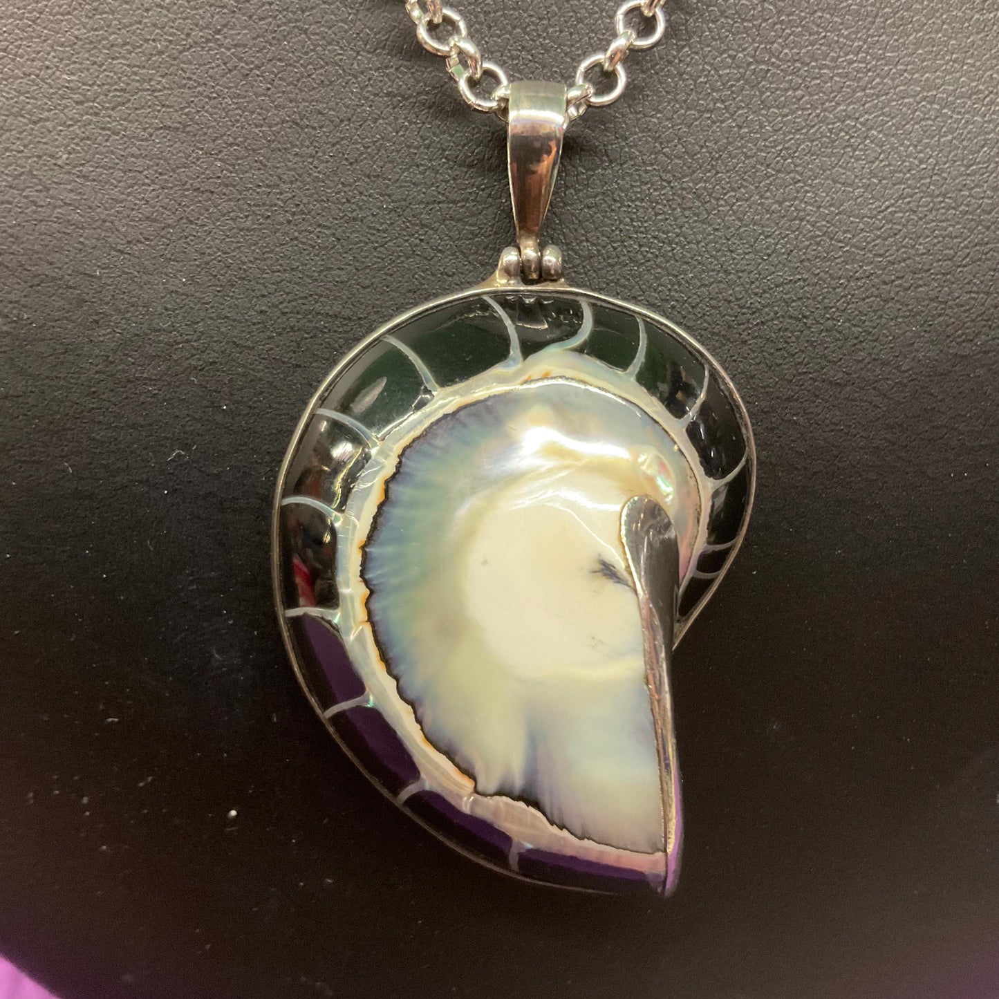 Vintage Large Silver and Shell Fossil Pendant, 925 silver with monochrome mother of pearl shell on a long silver plated chain