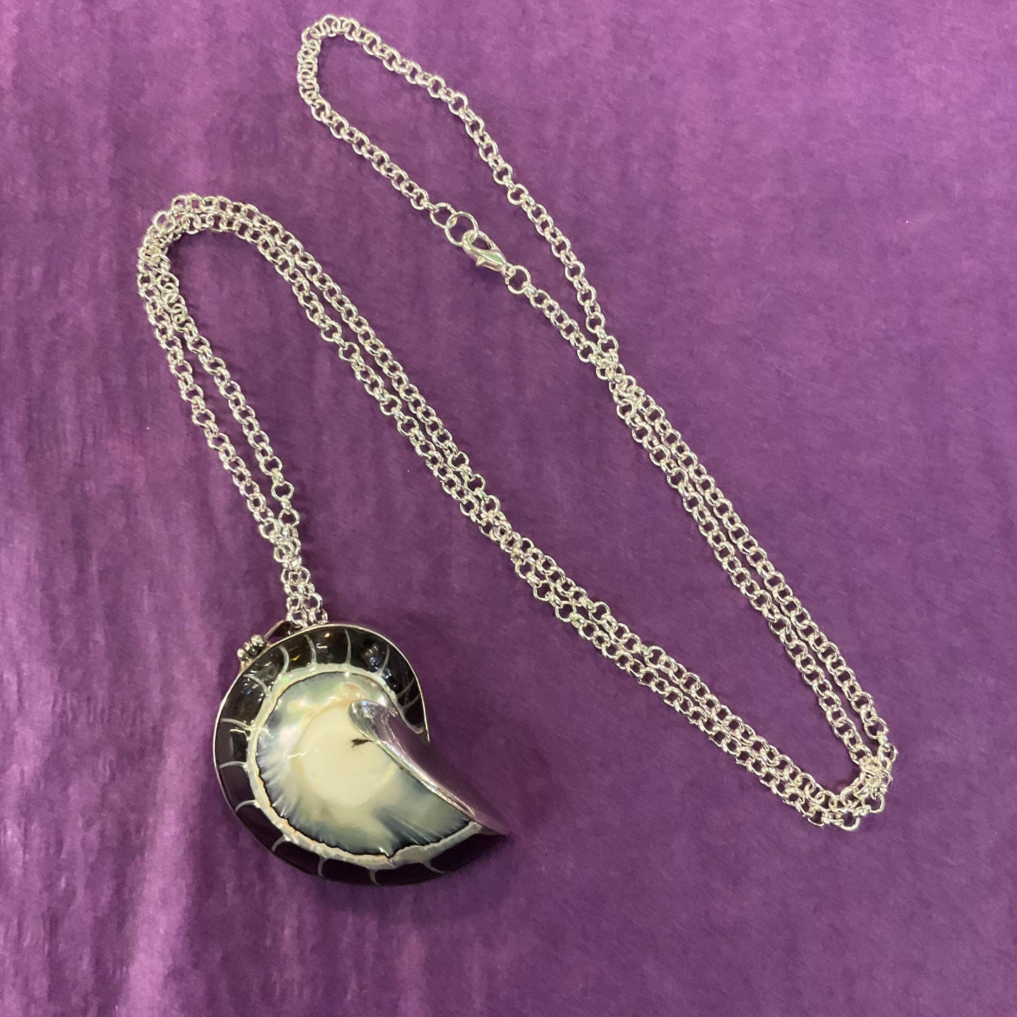 Vintage Large Silver and Shell Fossil Pendant, 925 silver with monochrome mother of pearl shell on a long silver plated chain