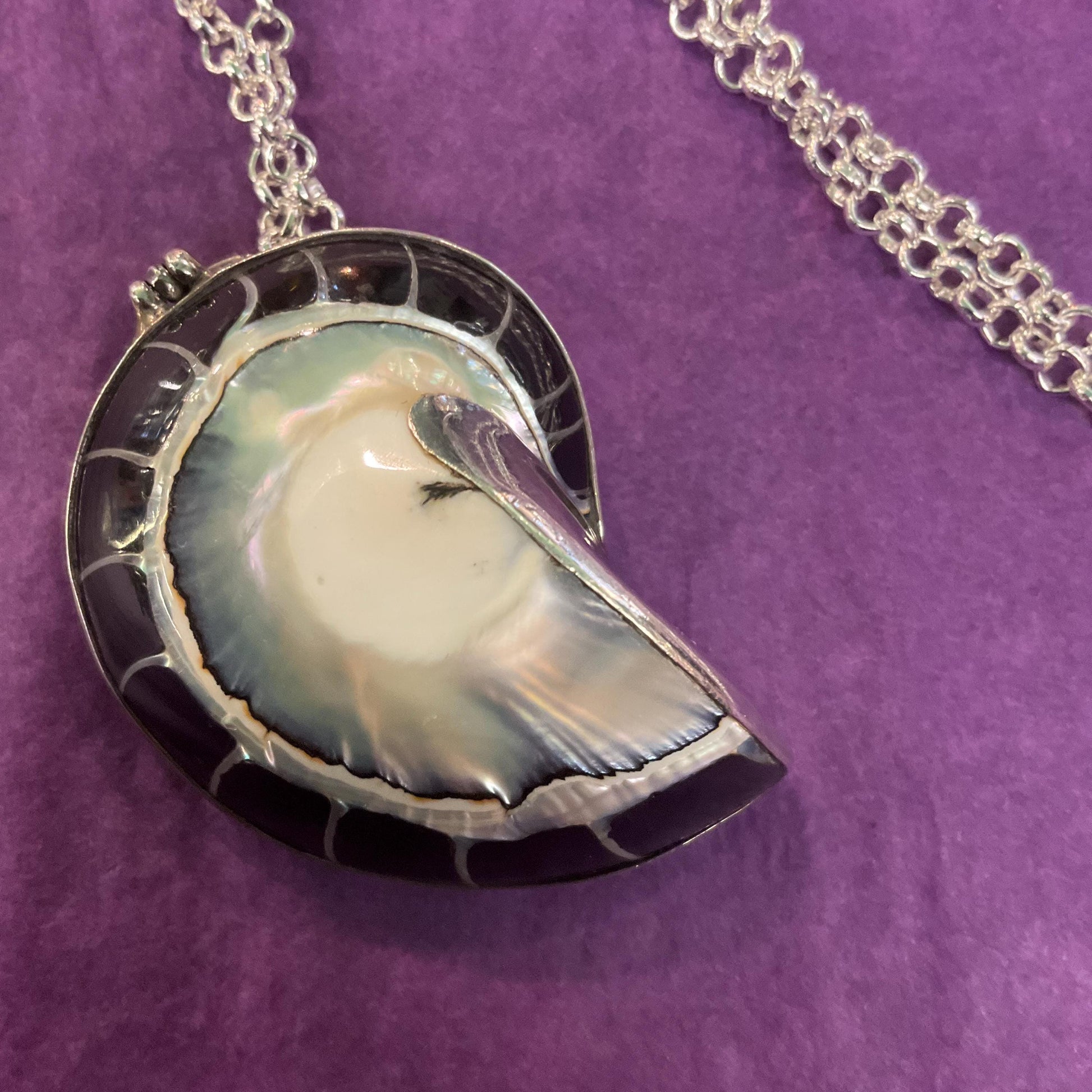 Vintage Large Silver and Shell Fossil Pendant, 925 silver with monochrome mother of pearl shell on a long silver plated chain