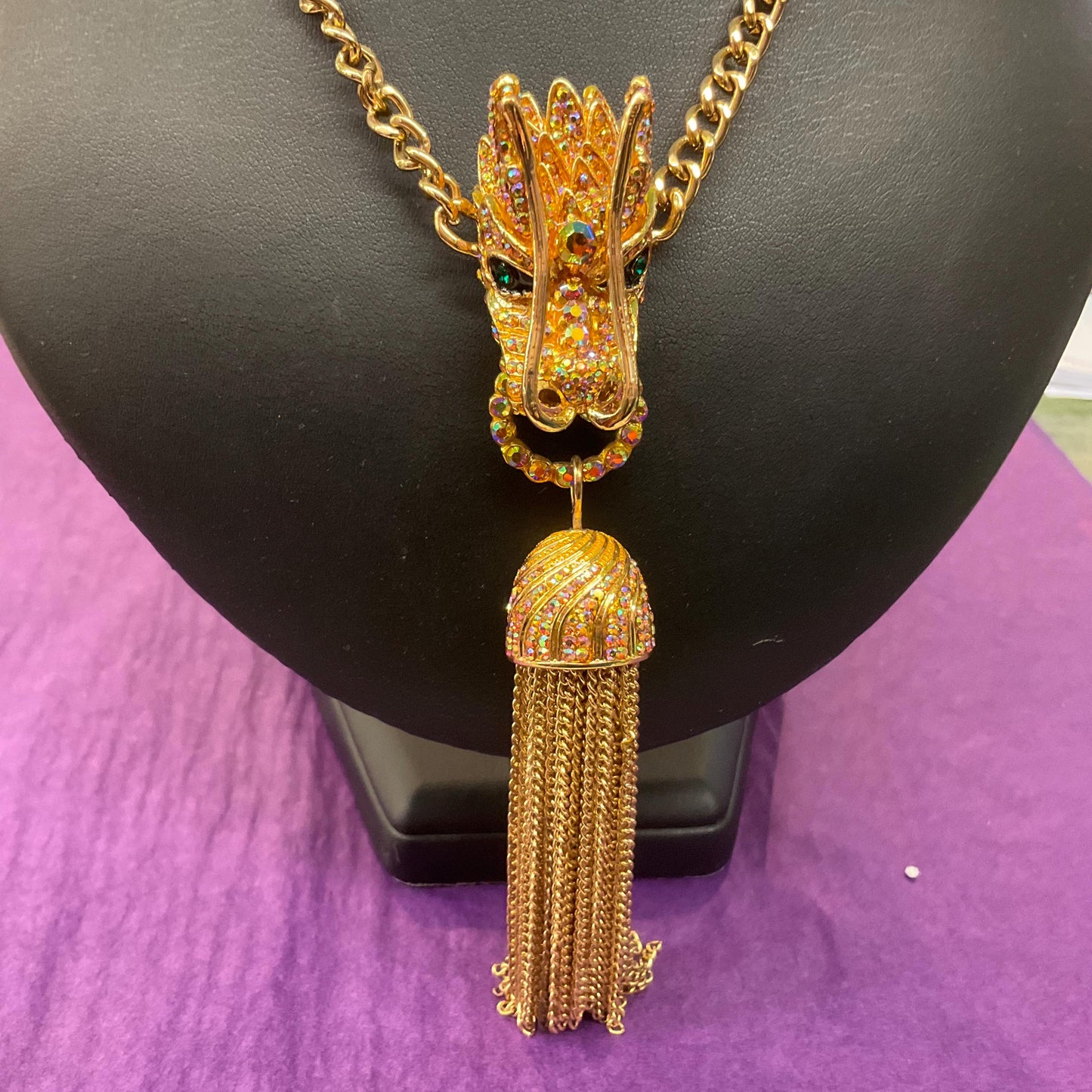 Vintage Butler and Wilson Golden Dragon Statement Tassled Crystal pendant, Gold Tone with Borealis Gold Rhinestones