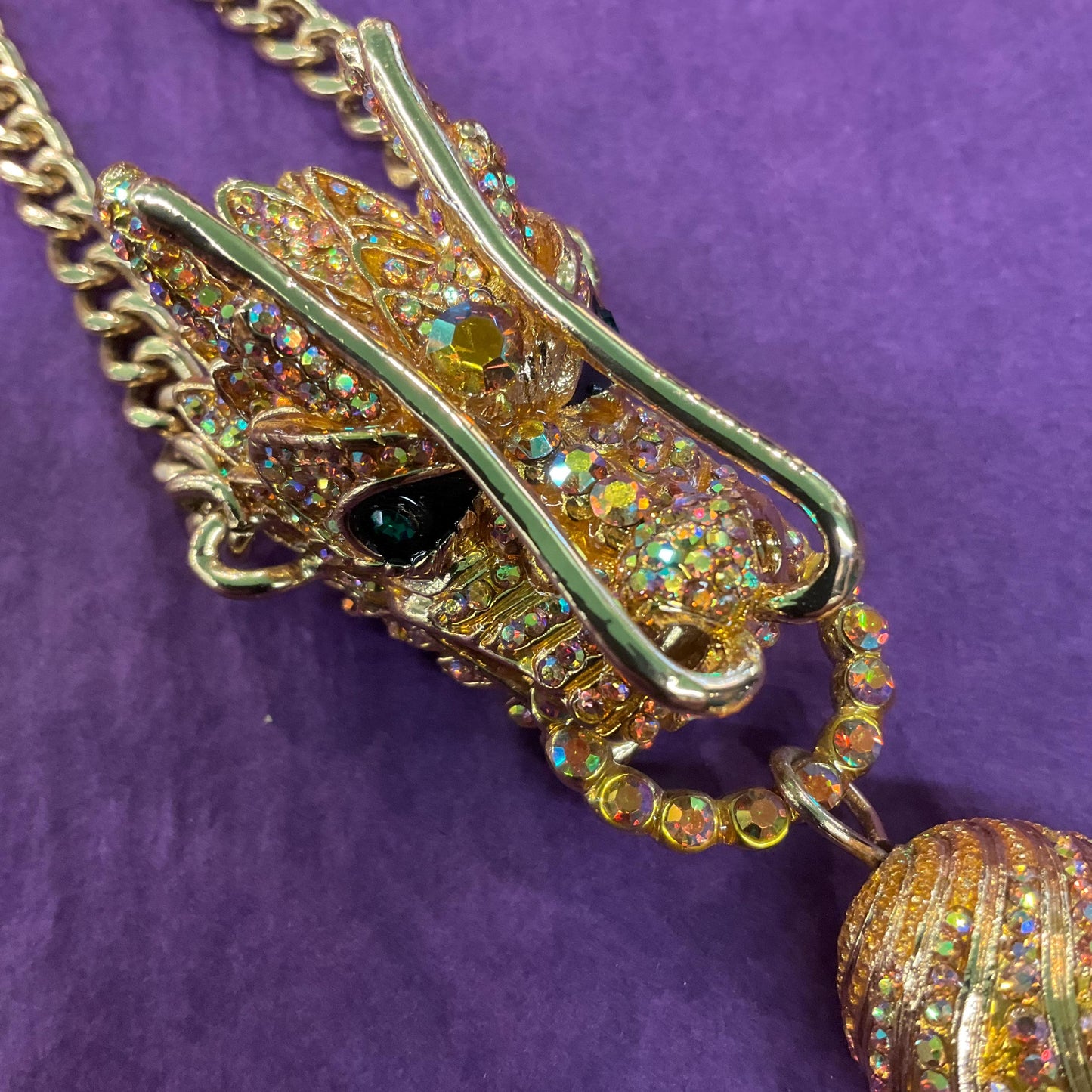 Vintage Butler and Wilson Golden Dragon Statement Tassled Crystal pendant, Gold Tone with Borealis Gold Rhinestones