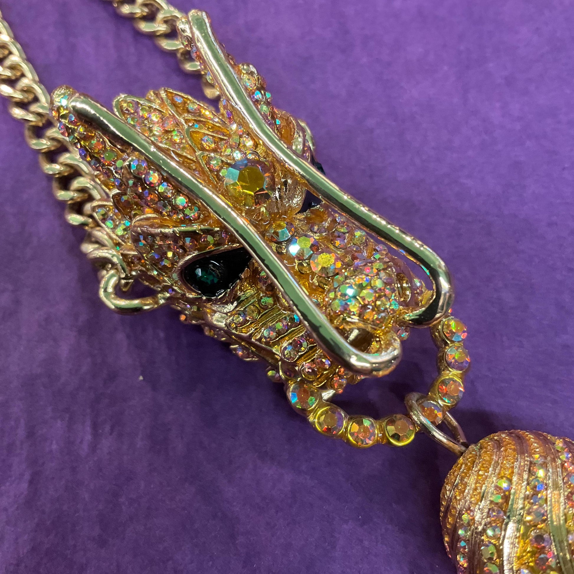 Vintage Butler and Wilson Golden Dragon Statement Tassled Crystal pendant, Gold Tone with Borealis Gold Rhinestones