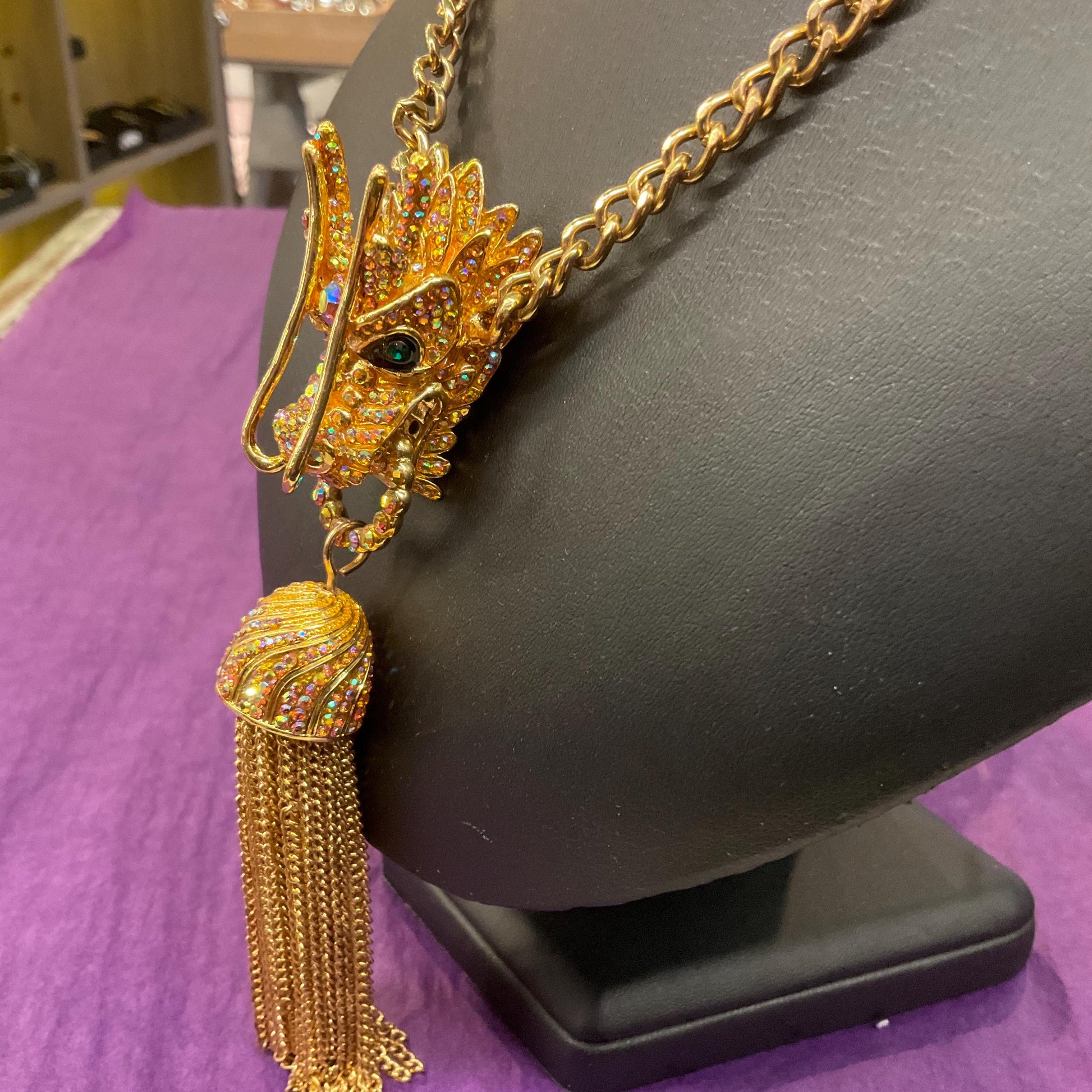 Vintage Butler and Wilson Golden Dragon Statement Tassled Crystal pendant, Gold Tone with Borealis Gold Rhinestones