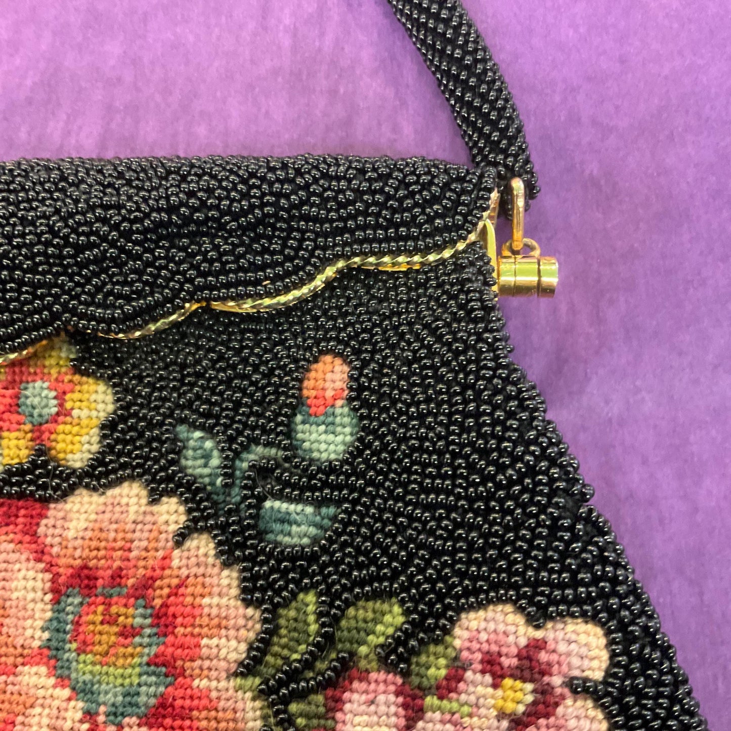 Vintage 1950s Hand Beaded Floral Petite Pointe Embroidered Eveing Bag, Lucky Sixpence 1955 inside, Formal Event