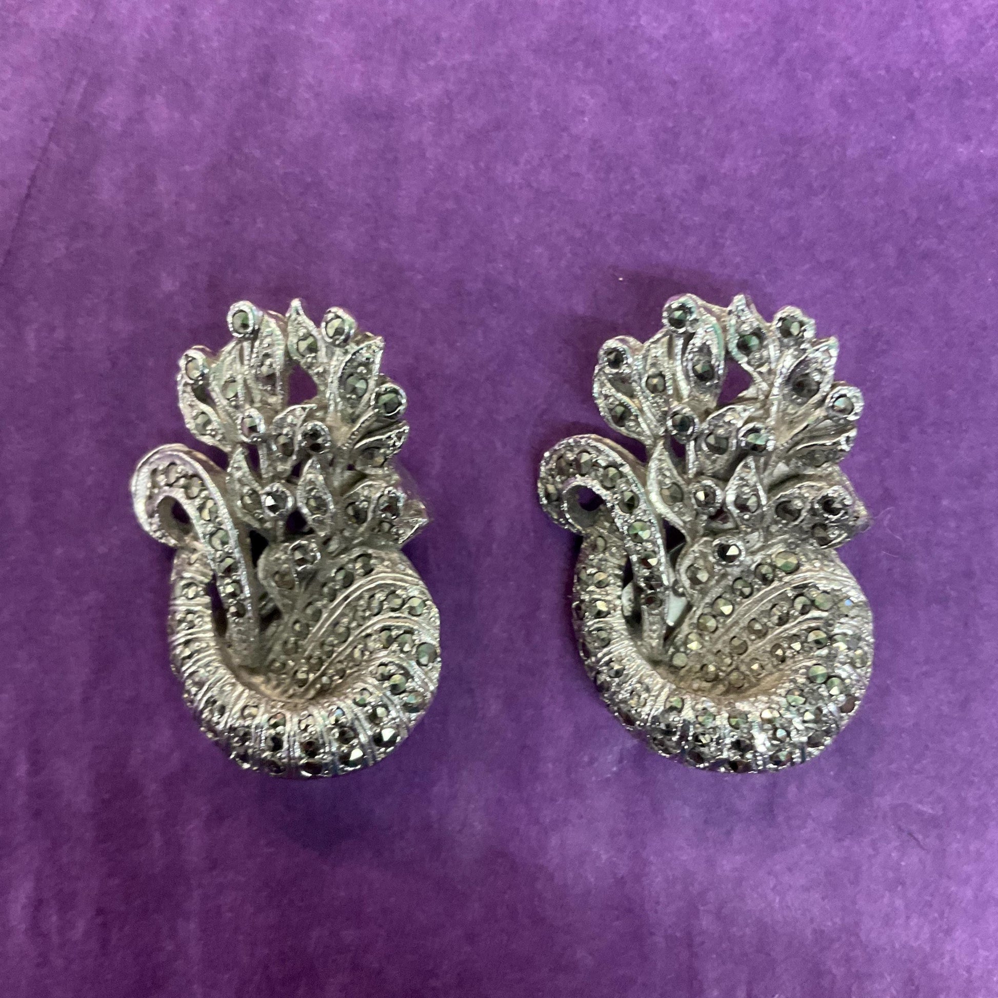 Antique Art Deco Silver Tone and Marcasite Brooch or Dress Clips, Flapper Girl, Great Gatsby