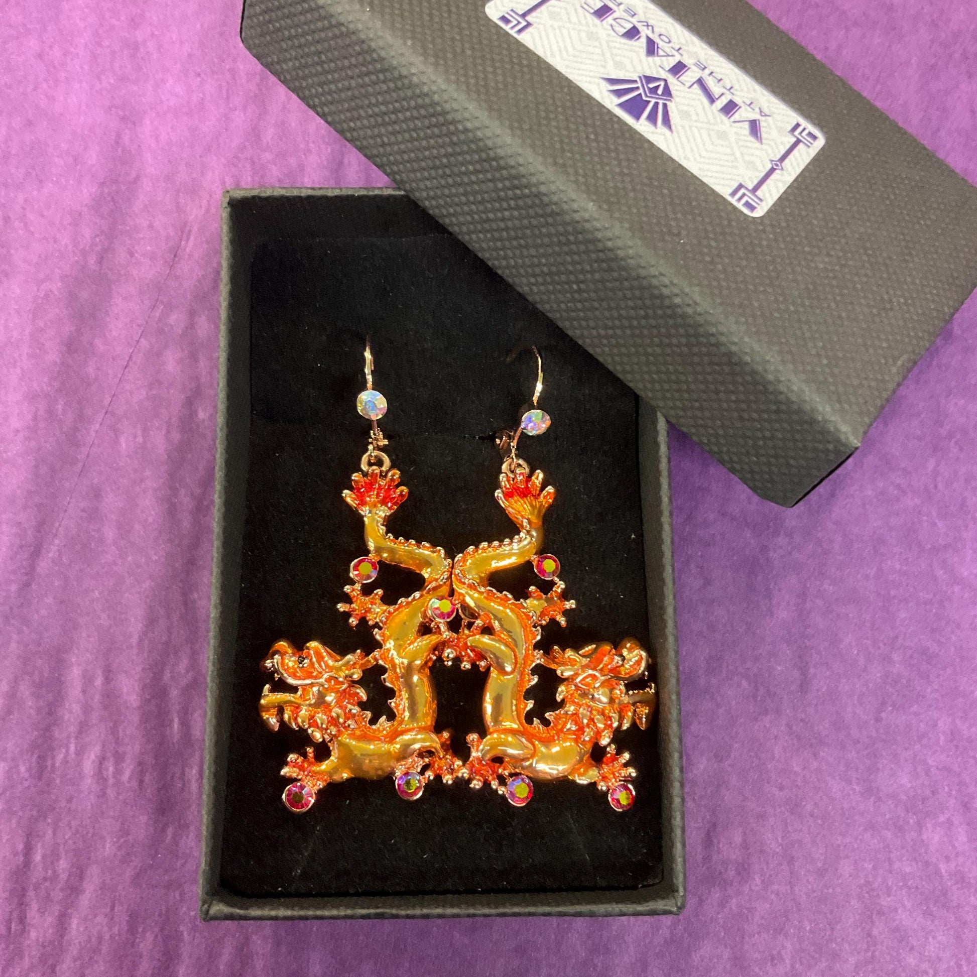 Vintage Butler and Wilson Chinese Golden Dragon Crystal Drop Earrings, Rose gold tone with red Borealis Rhinestones