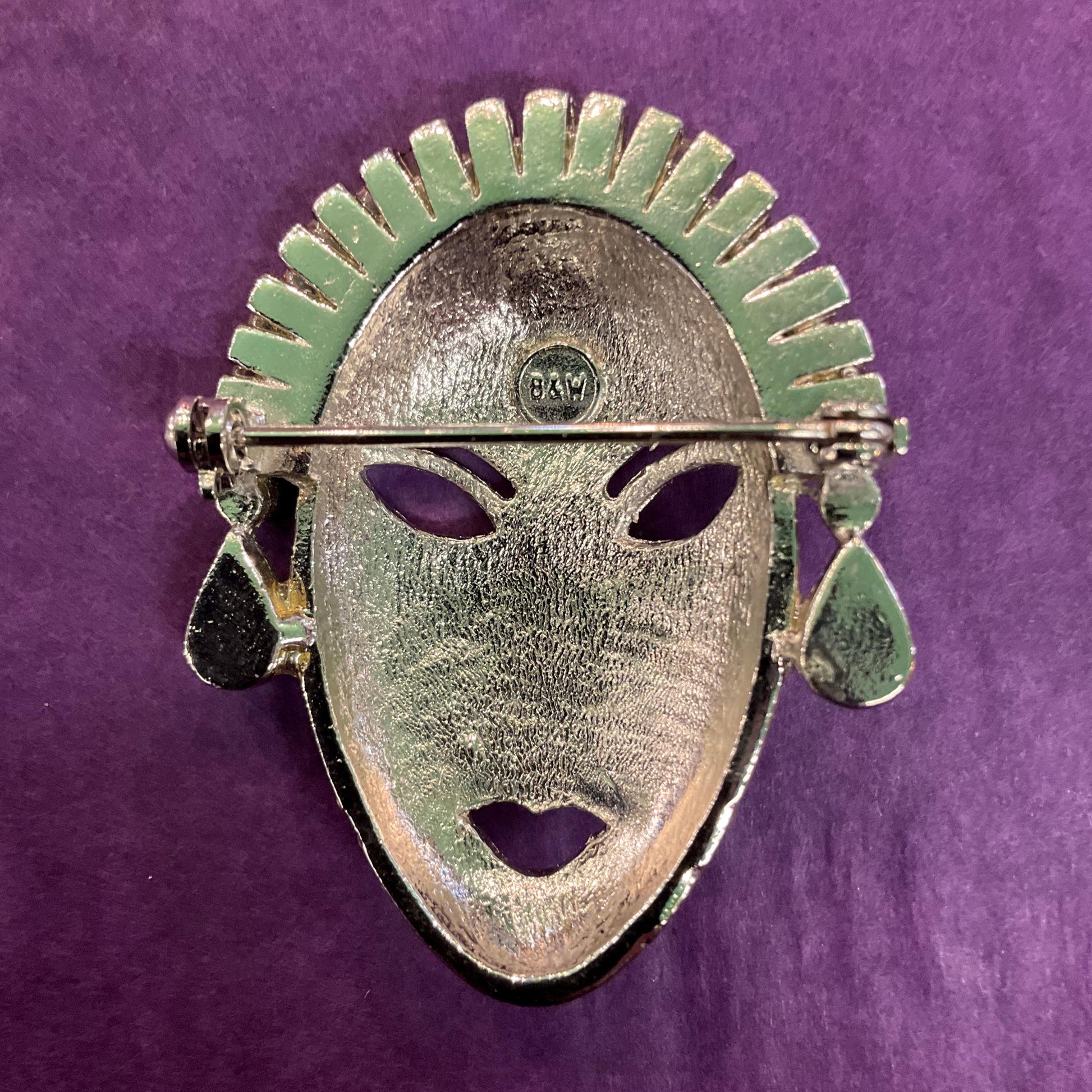 Vintage Butler and Wilson Silver Venetian Masquerade Mask Brooch, silver tone with silver and green crystals
