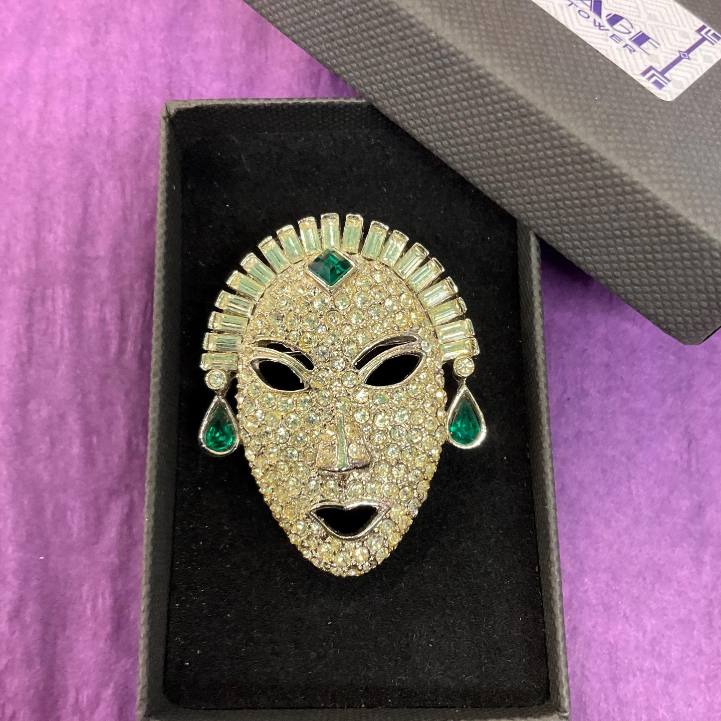 Vintage Butler and Wilson Silver Venetian Masquerade Mask Brooch, silver tone with silver and green crystals