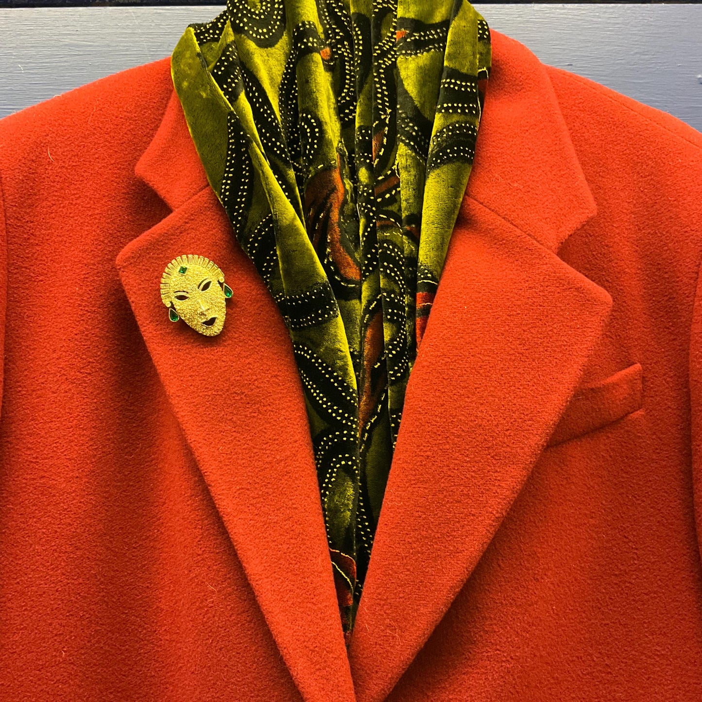 Vintage Butler and Wilson Silver Venetian Masquerade Mask Brooch, silver tone with silver and green crystals