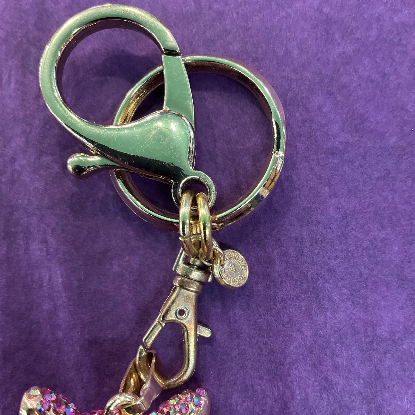 Vintage Butler and Wilson Pink Crystal Pussycat Handbag Charm / keyring, gold tone with silver and pink ombré crystals