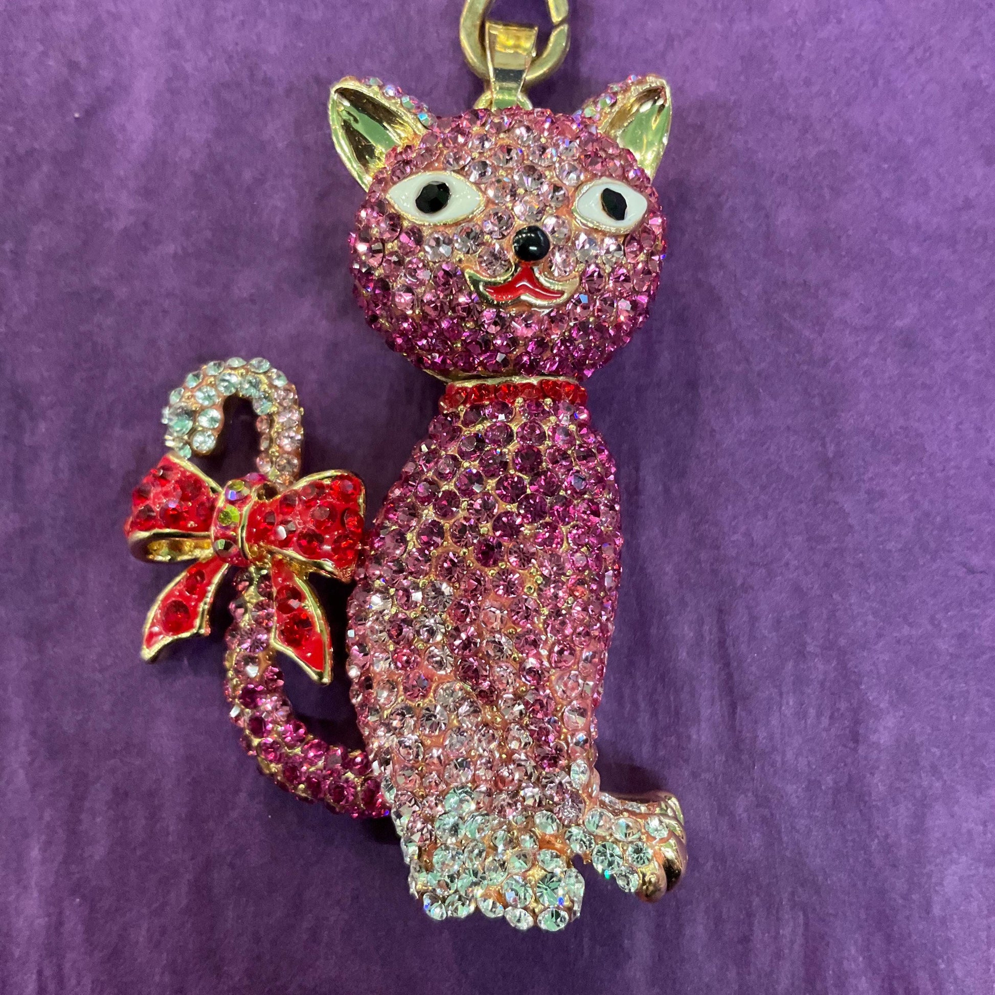 Vintage Butler and Wilson Pink Crystal Pussycat Handbag Charm / keyring, gold tone with silver and pink ombré crystals