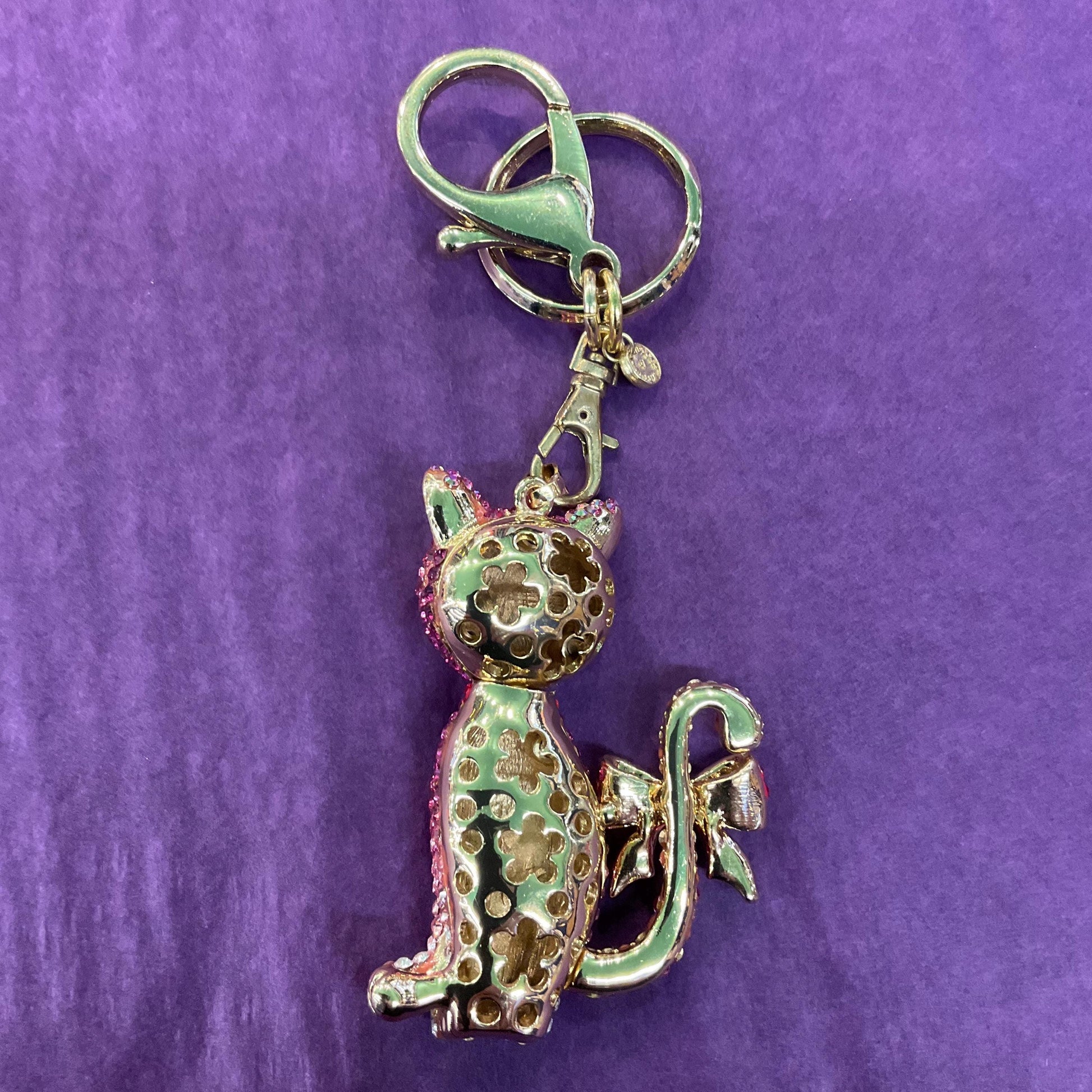 Vintage Butler and Wilson Pink Crystal Pussycat Handbag Charm / keyring, gold tone with silver and pink ombré crystals