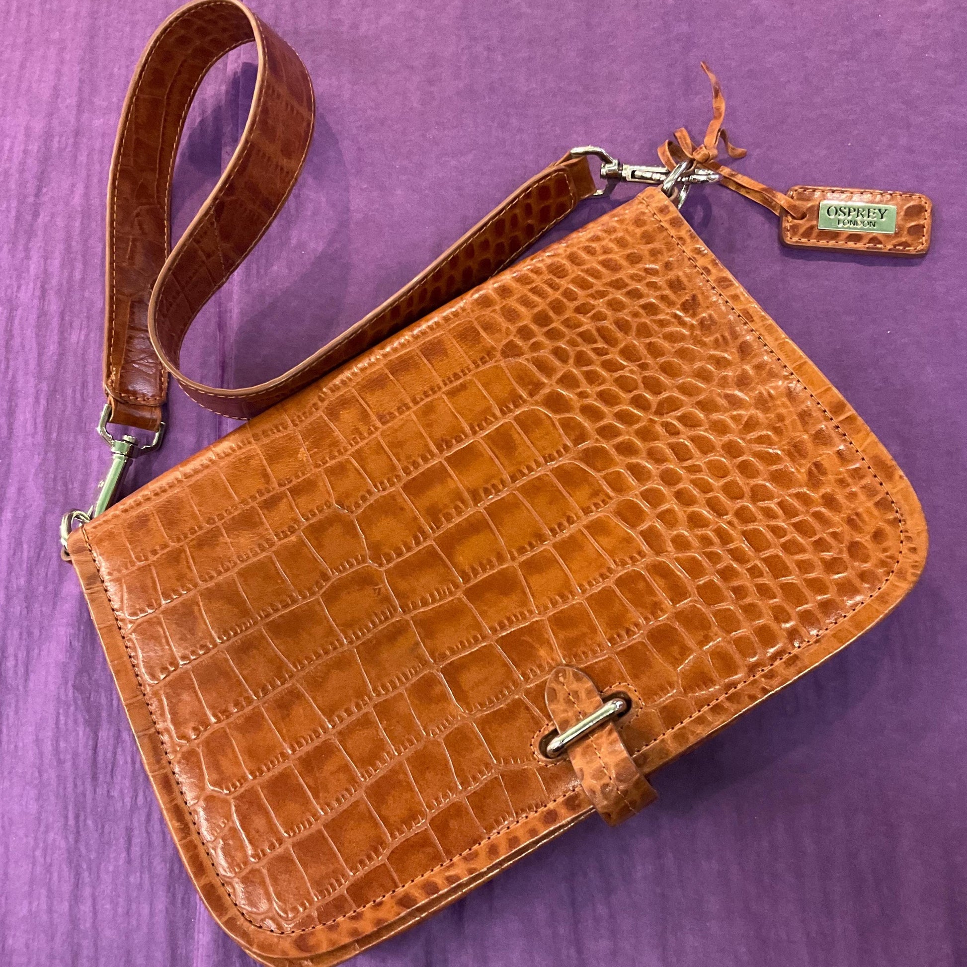 Vintage Osprey Tan Leather Mock Croc Shoulder Bag, Designed by Graeme Ellison