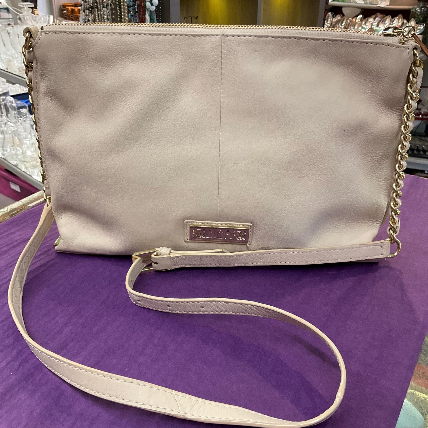 Vintage BIBA Cream Leather Shoulder Bag, Adjustable leather and Gold chain strap