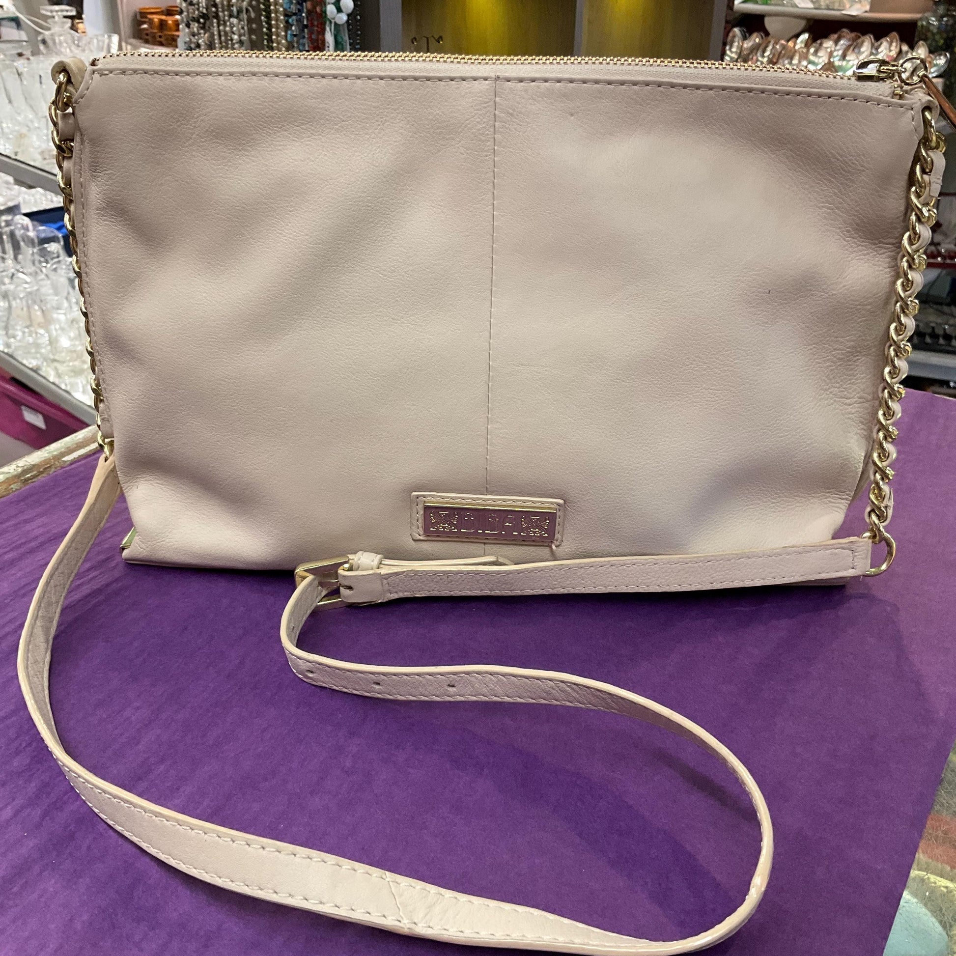 Vintage BIBA Cream Leather Shoulder Bag, Adjustable leather and Gold chain strap