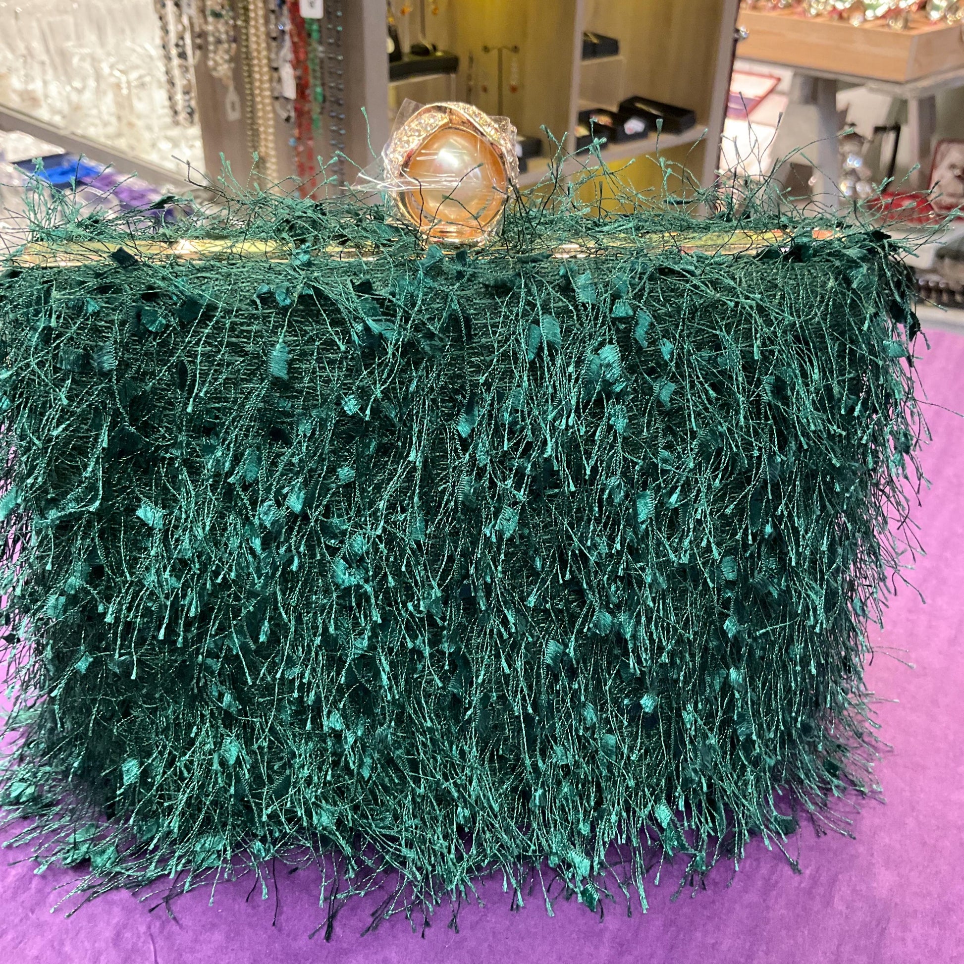 Vintage Deep Green Fringed Evening Box Bag, clutch, handbag or Shoulder chain strap