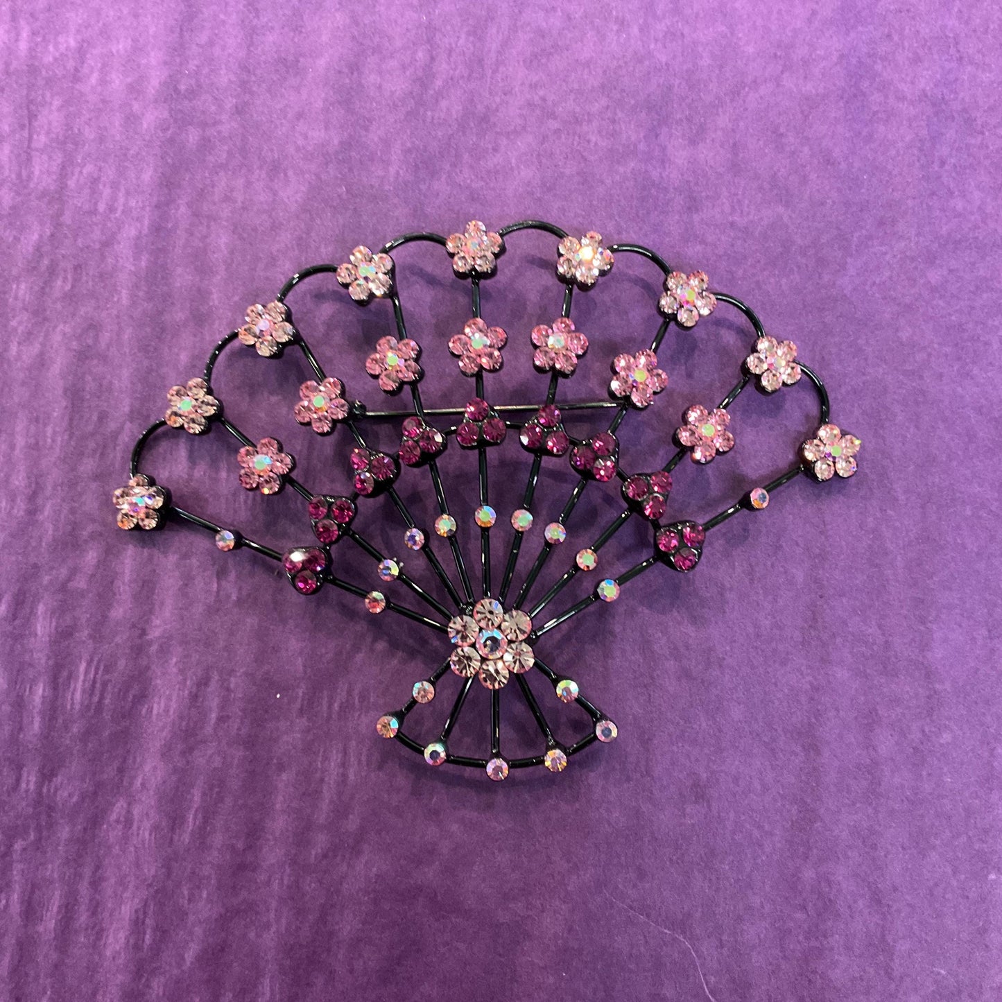 Vintage Butler and Wilson Large Crystal Fan Brooch, Black metal with Pink Rhinestone