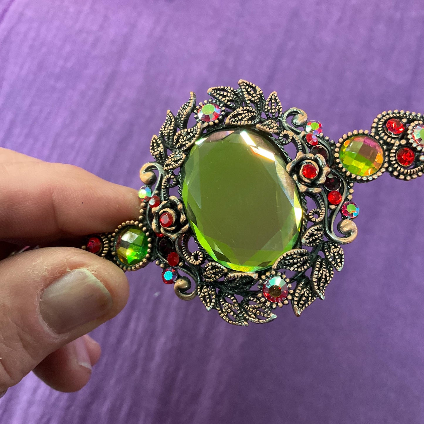 Vintage Butler and Wilson Large Mirror Crystal Hair Slide/ Barette, Rose gold tone , pink, green and red crystals