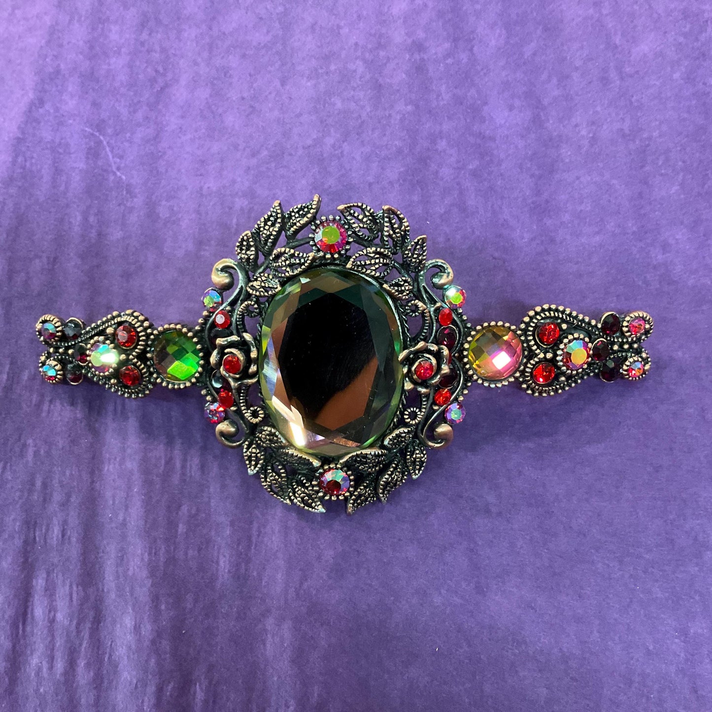 Vintage Butler and Wilson Large Mirror Crystal Hair Slide/ Barette, Rose gold tone , pink, green and red crystals