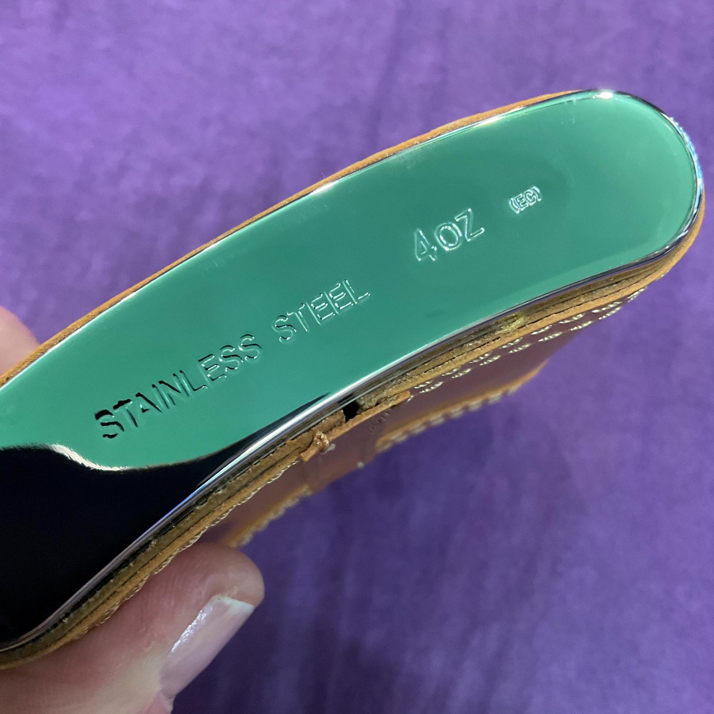 Vintage 4 oz Stainless Steel Hip Flask and Funnel, Tan leather Jacket, unused in original gift box