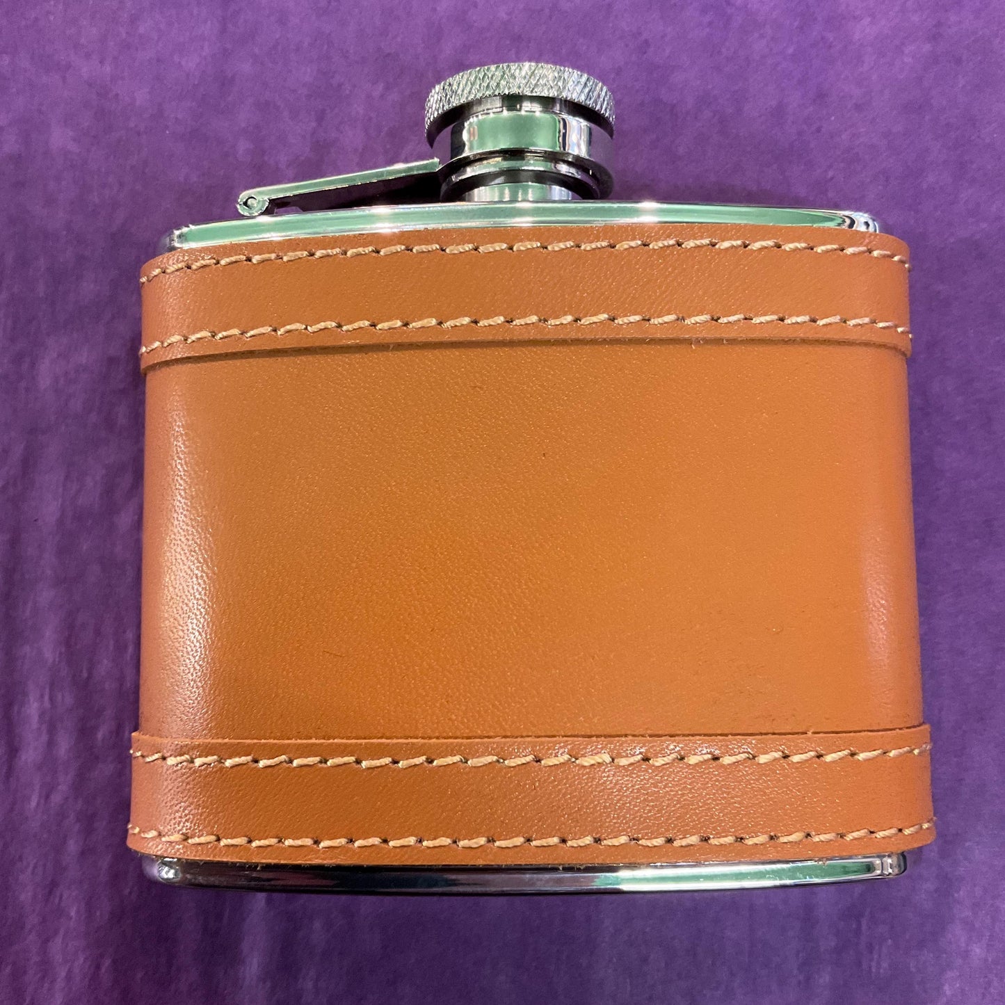 Vintage 4 oz Stainless Steel Hip Flask and Funnel, Tan leather Jacket, unused in original gift box