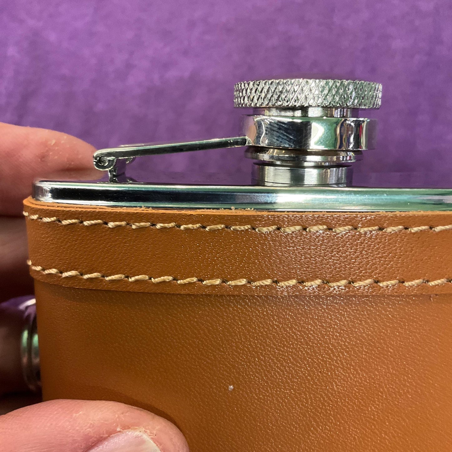 Vintage 4 oz Stainless Steel Hip Flask and Funnel, Tan leather Jacket, unused in original gift box