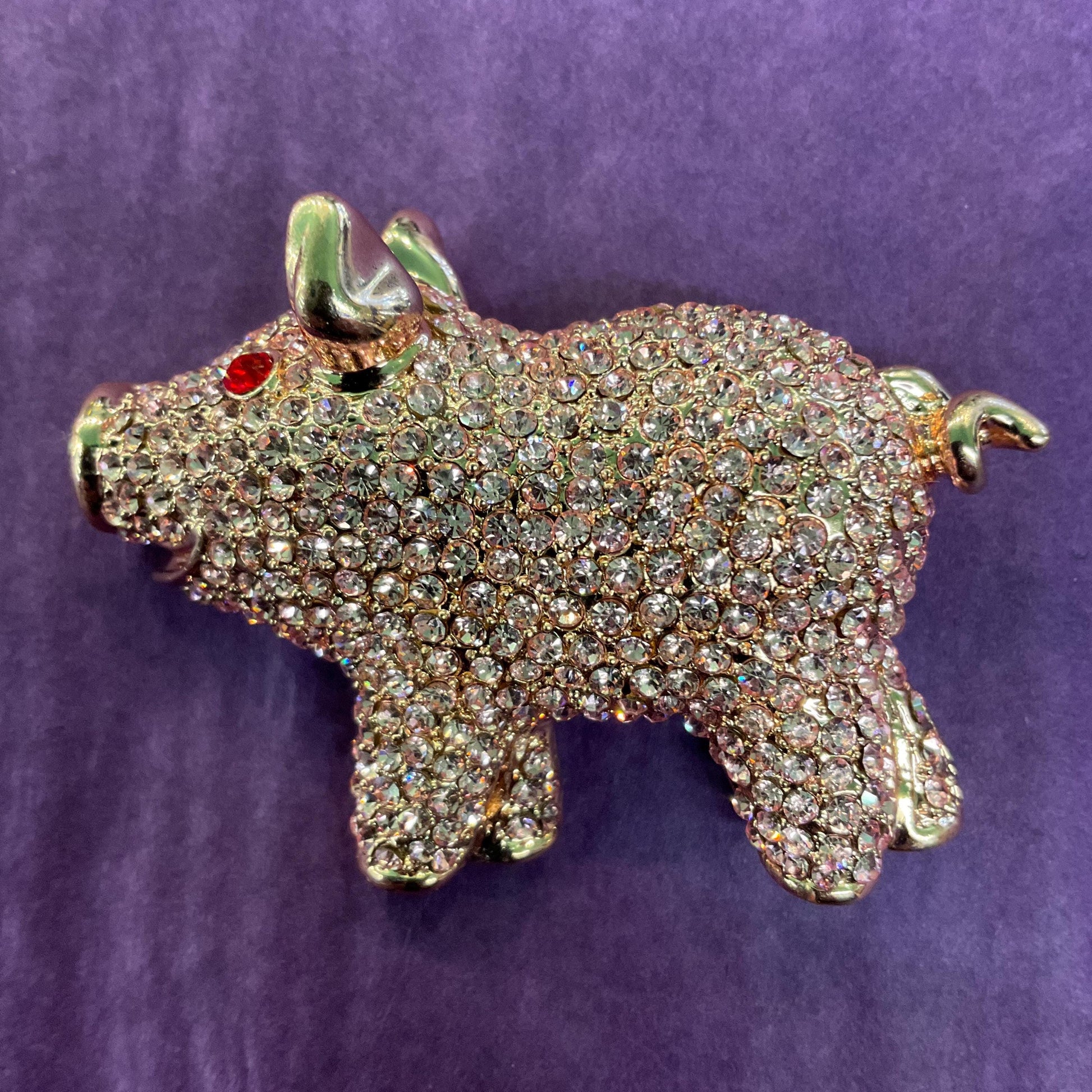 Vintage Butler and Wilson Large Pink Crystal Pig Brooch, Rose Gold tone with pink and red rhinestones