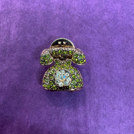 Vintage Butler and Wilson Green Crystal Telephone Lapel pin, Gold tone with silver and Green rhinestones