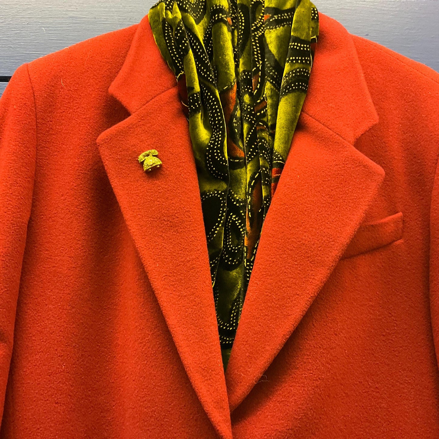 Vintage Butler and Wilson Green Crystal Telephone Lapel pin, Gold tone with silver and Green rhinestones