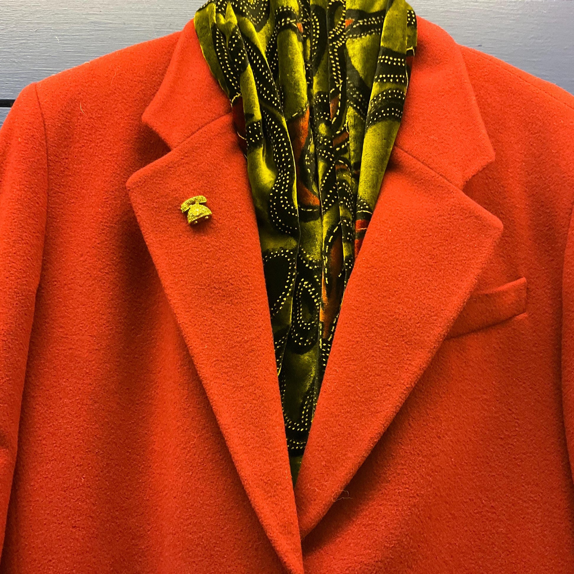 Vintage Butler and Wilson Green Crystal Telephone Lapel pin, Gold tone with silver and Green rhinestones