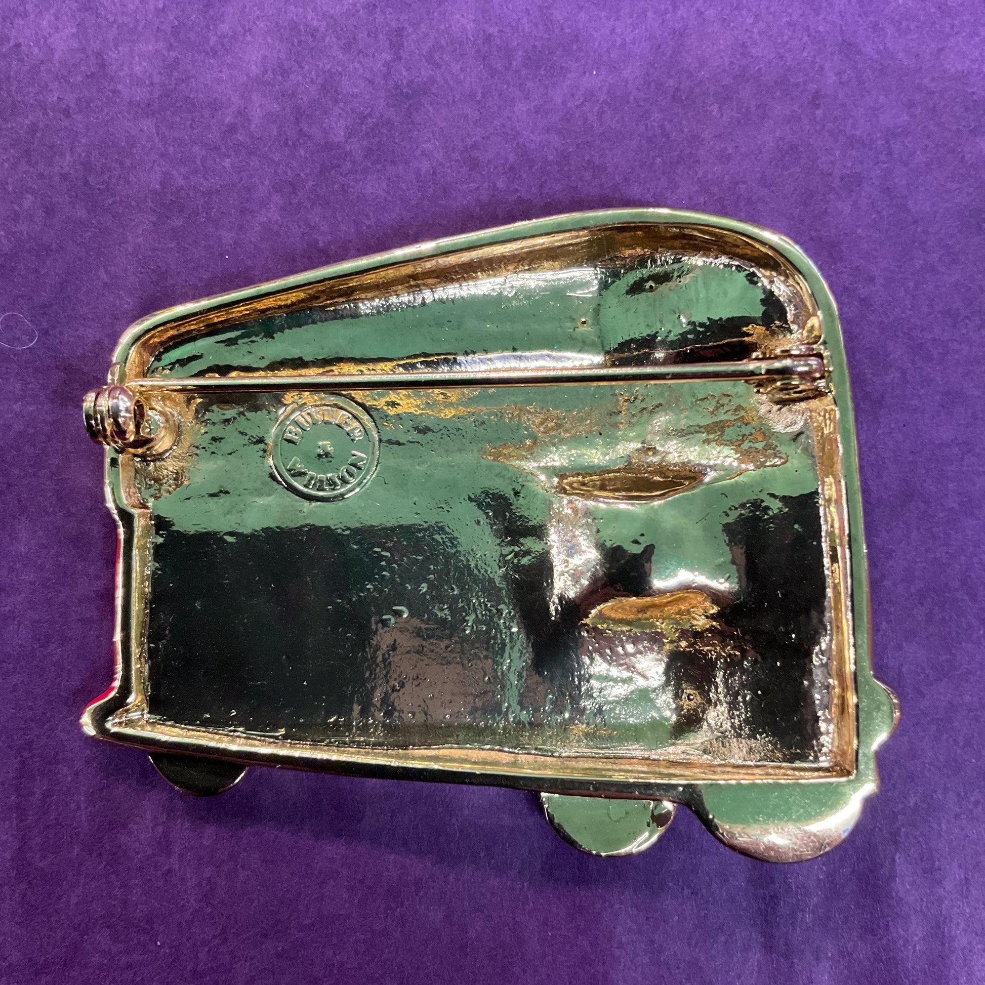 Vintage Butler and Wilson Large Crystal 50 Golden Years London Bus Brooch, Gold tone with enamel and Borealis gold & red rhinestones