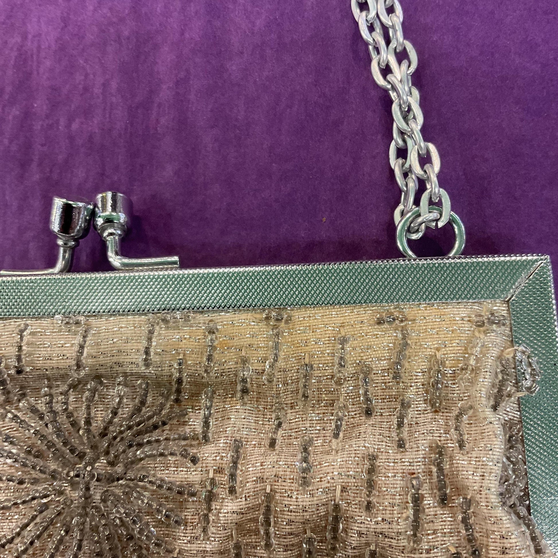 Vintage Hand Made 1960s Silver Lurex Starburst Beaded Evening Bag , Glittery metallic fabric.