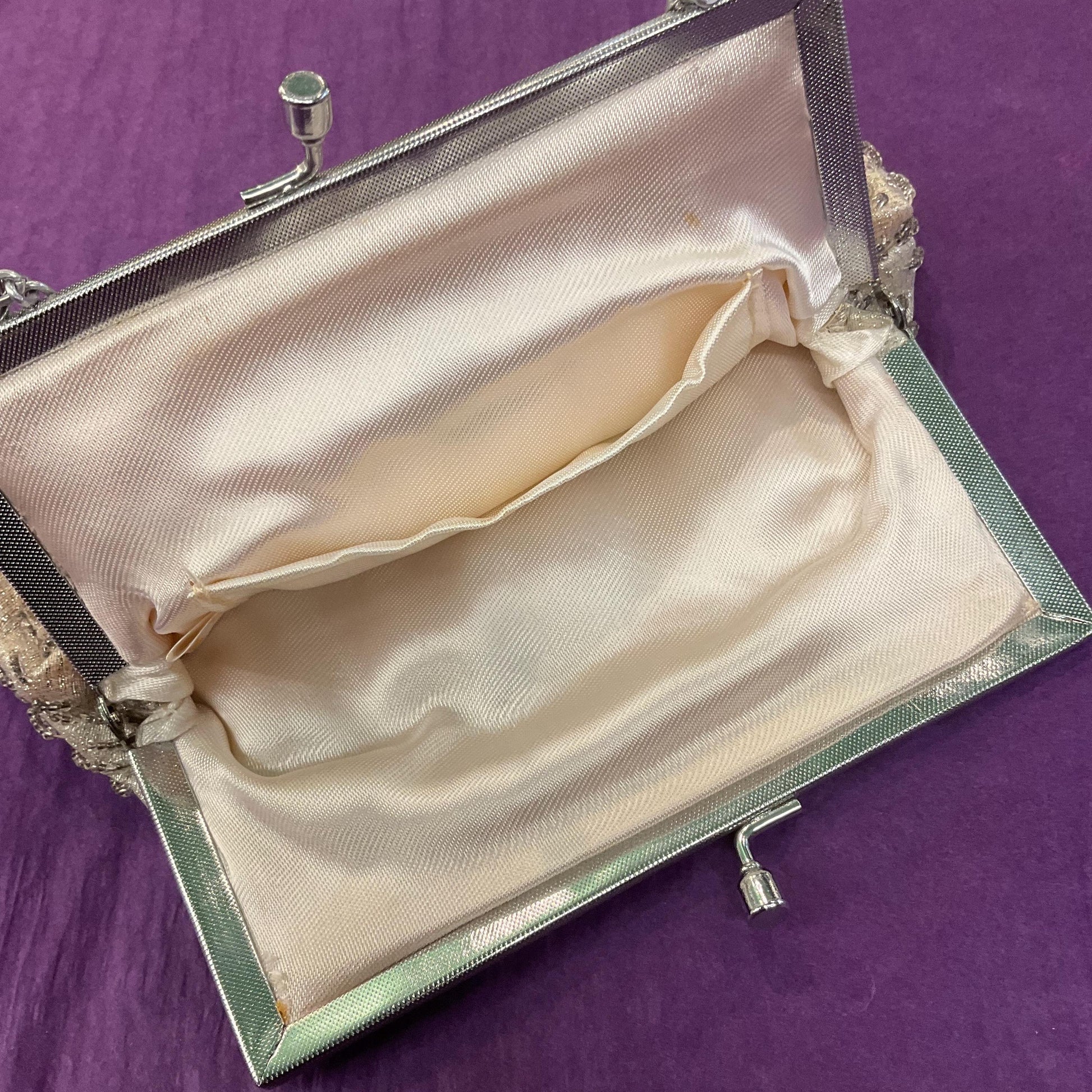 Vintage Hand Made 1960s Silver Lurex Starburst Beaded Evening Bag , Glittery metallic fabric.