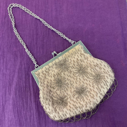 Vintage Hand Made 1960s Silver Lurex Starburst Beaded Evening Bag , Glittery metallic fabric.