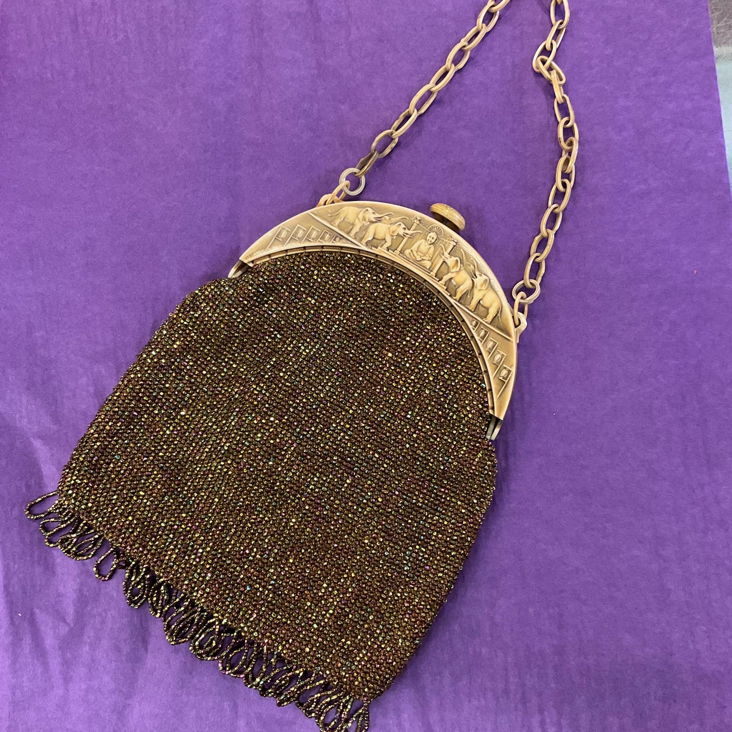 Antique Art Deco French 1920s/30s Rainbow Beaded Evening Bag with ornate Bakelite frame