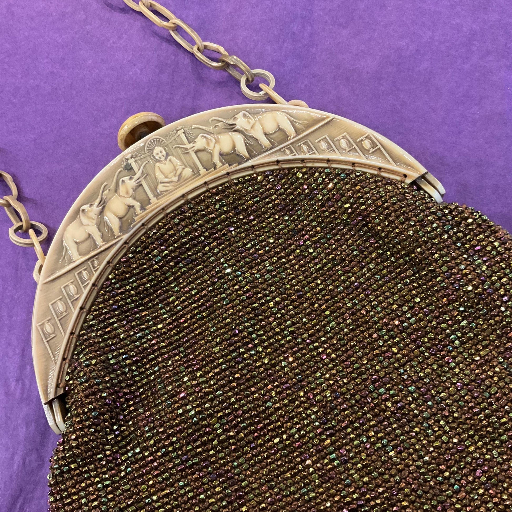 Antique Art Deco French 1920s/30s Rainbow Beaded Evening Bag with ornate Bakelite frame