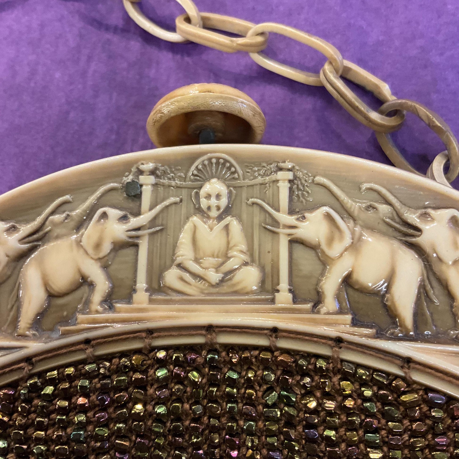 Antique Art Deco French 1920s/30s Rainbow Beaded Evening Bag with ornate Bakelite frame