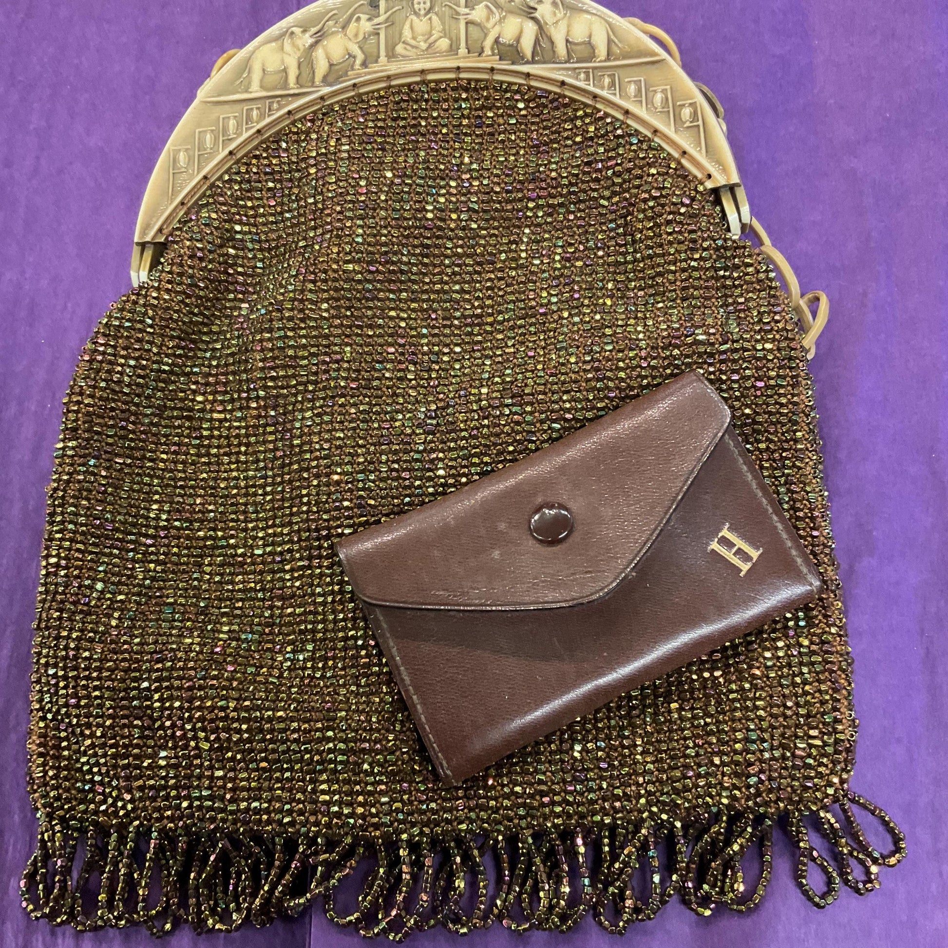 Antique Art Deco French 1920s/30s Rainbow Beaded Evening Bag with ornate Bakelite frame