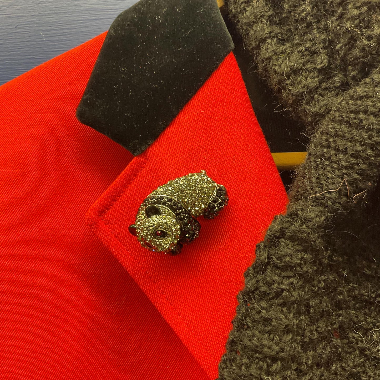 vintage Butler and Wilson Crystal panda Brooch, pewter tone with Black and pewter rhinestones, signed in original box.